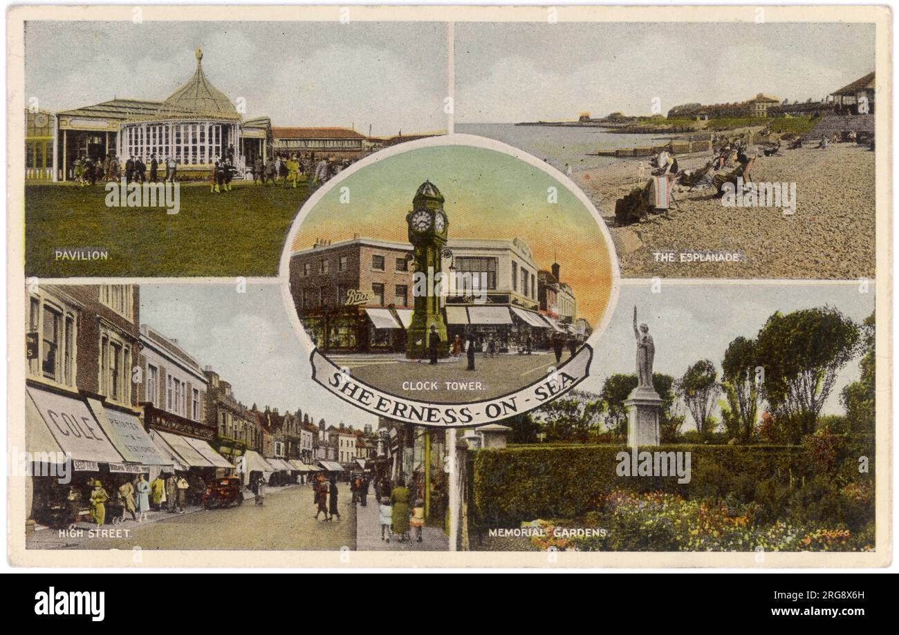 Sheerness, Kent: five views of the town: Esplanade, Pavilion, High Street, Memorial Gardens and Clock Tower Stock Photo