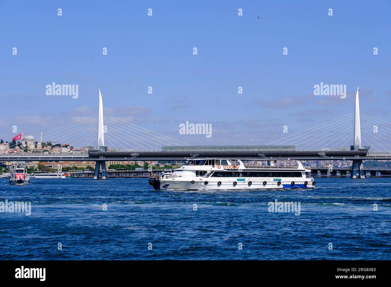 Istanbul, Turkey, Türkiye. Golden Horn Metro Bridge. Ataturk Bridge lower, in farther background