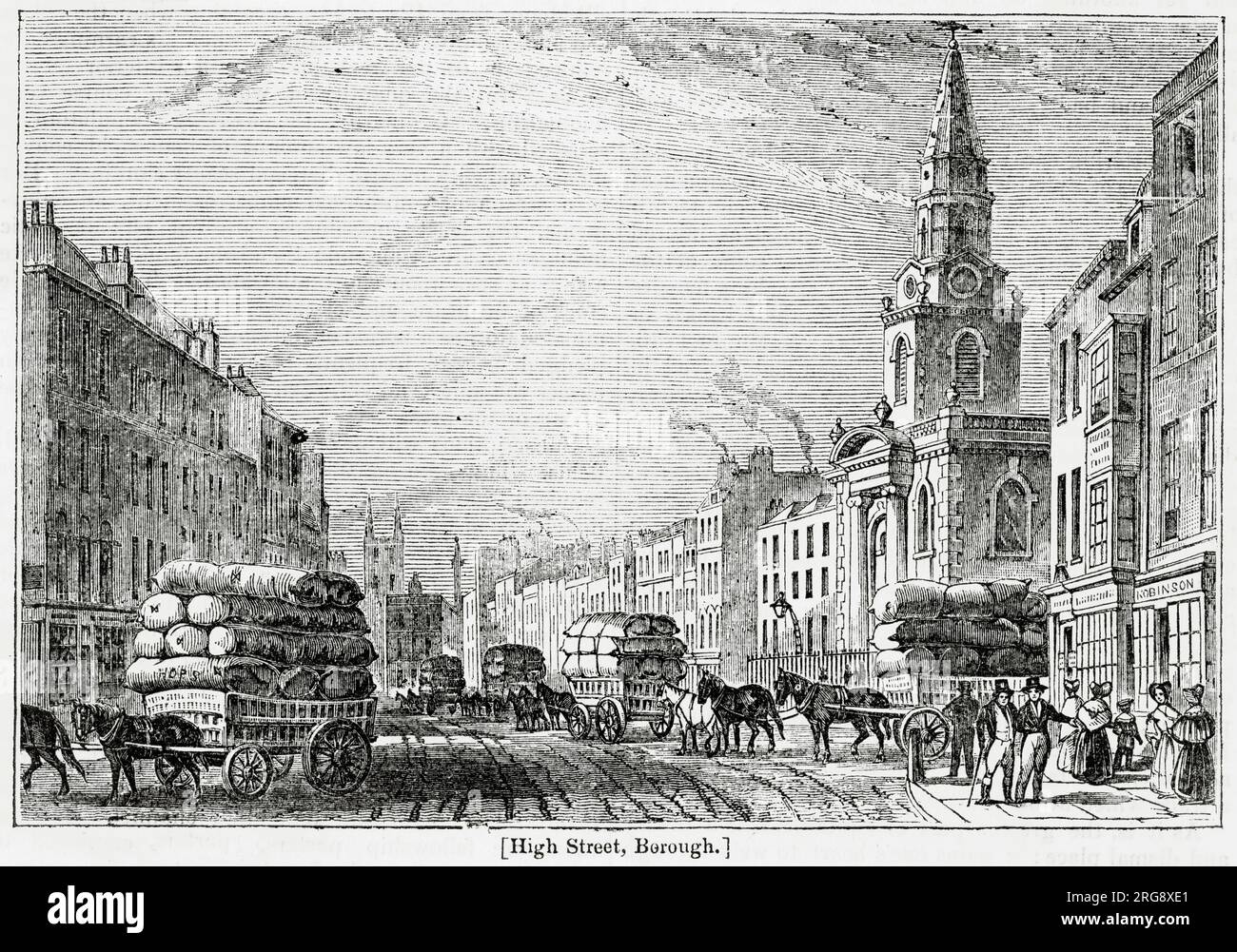 Horses and carriages transport goods along a busy Borough High Street. Stock Photo