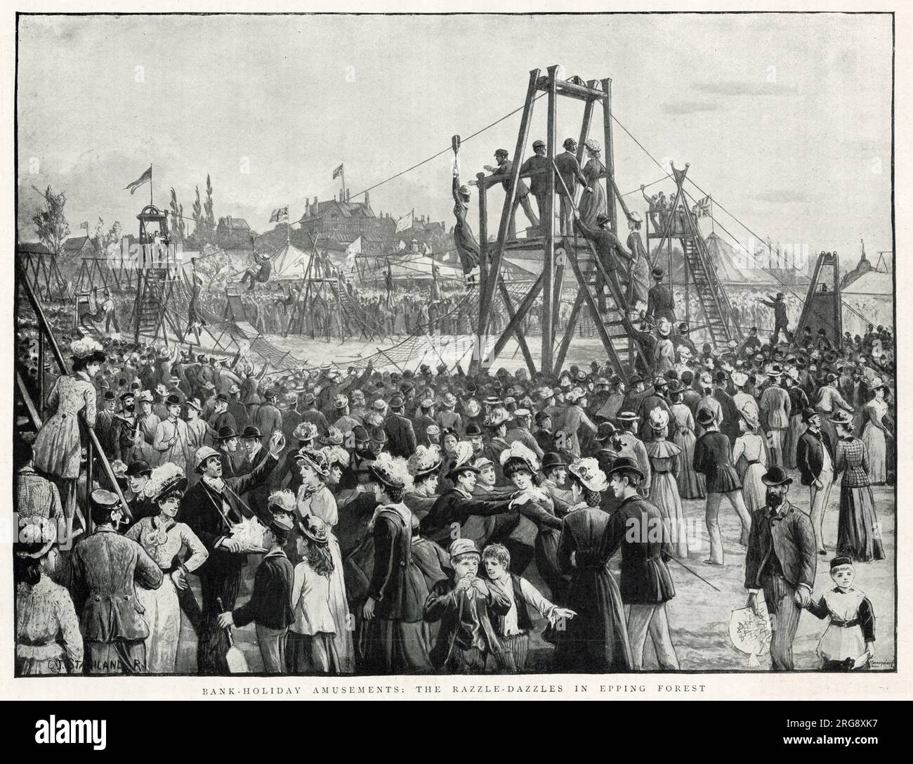 A crowd at a fair in Epping Forest. This ride is now known as the 'death slide' which seems rather over dramatic looking at this Victorian lady taking a turn. Stock Photo