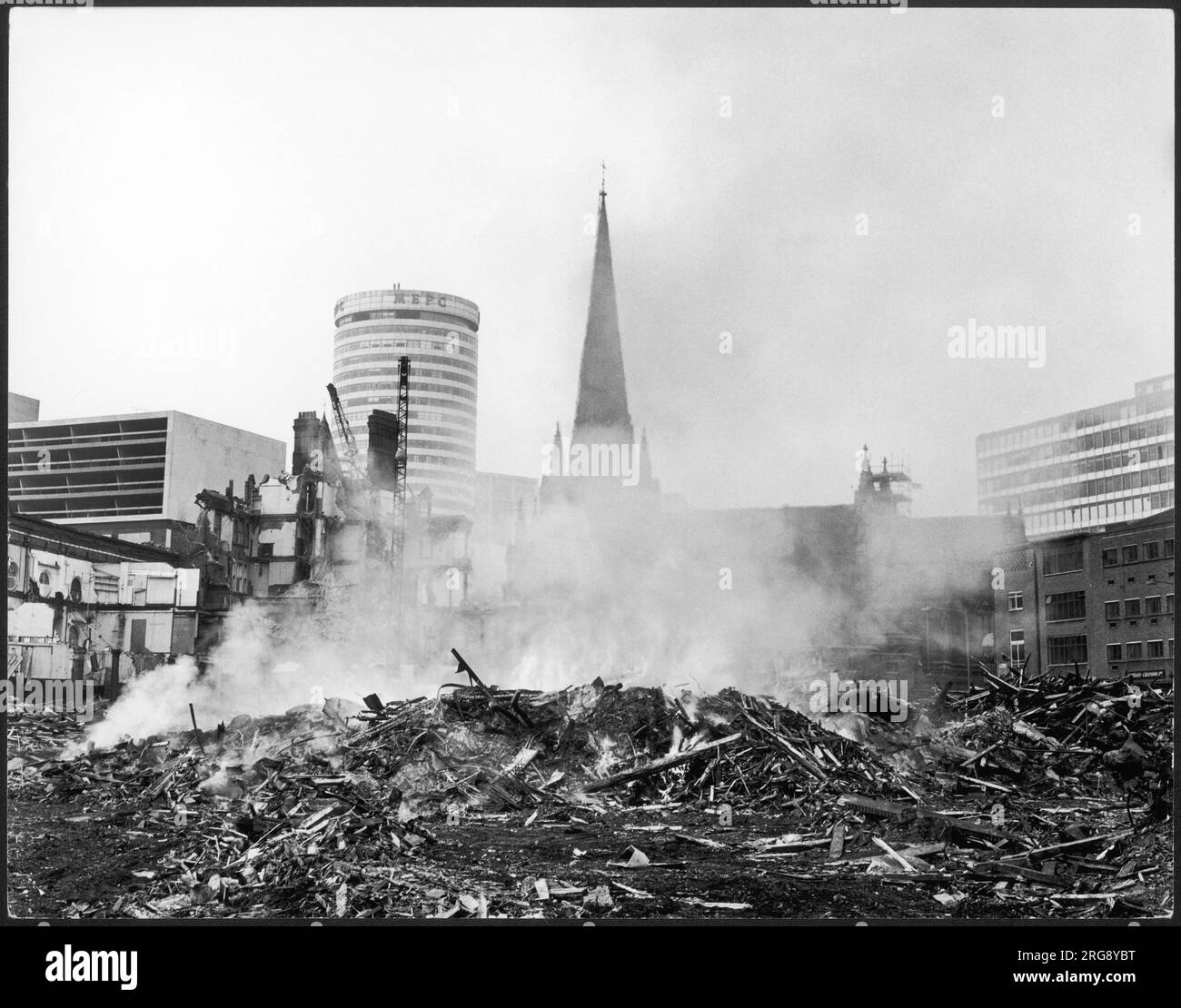 The old makes way for the new in Birmingham, England as buildings are destroyed to clear land. Stock Photo