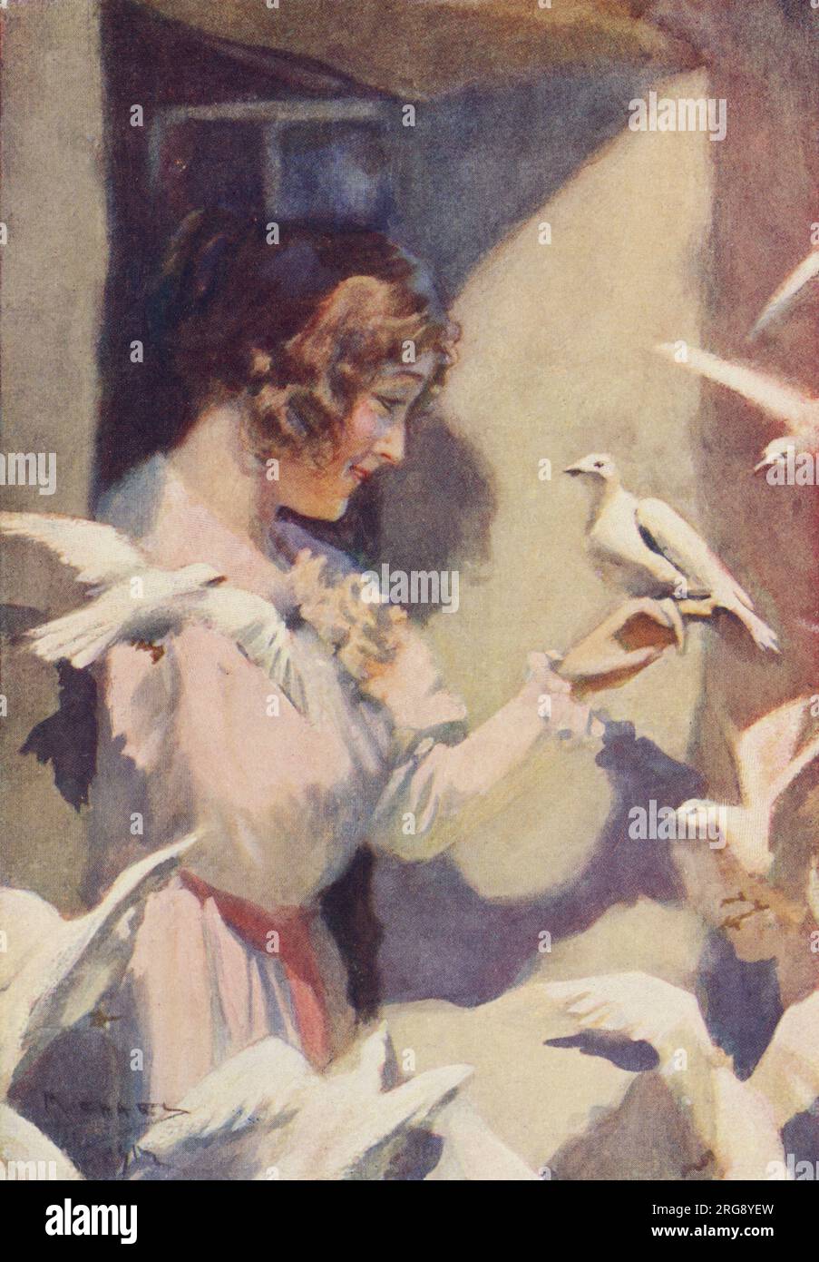 Hilda & her doves: 'They soon became as familiar with the fairhaired Saxon girl as if she were a born sister of their brood.' Stock Photo
