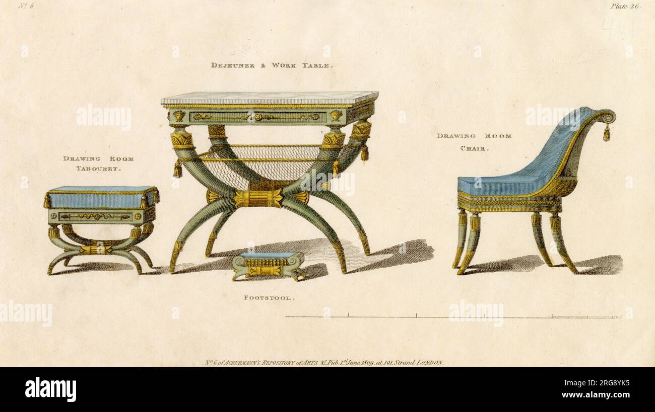 A tabouret ; a dejeuner or work table ; a footstool ; and a drawing-room chair - in a classical/exotic style which reflects Napoleon's Egyptian expedition. Stock Photo