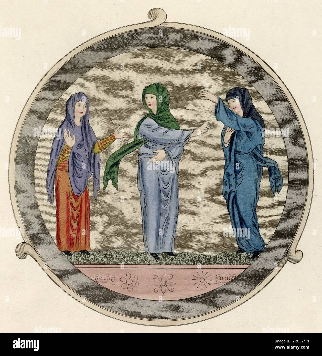 Anglo-Saxon women wearing long tunics & super-tunics or rocs. The end of the sash style girdle is visible on the right. Head rails or veils completely cover the hair. Stock Photo