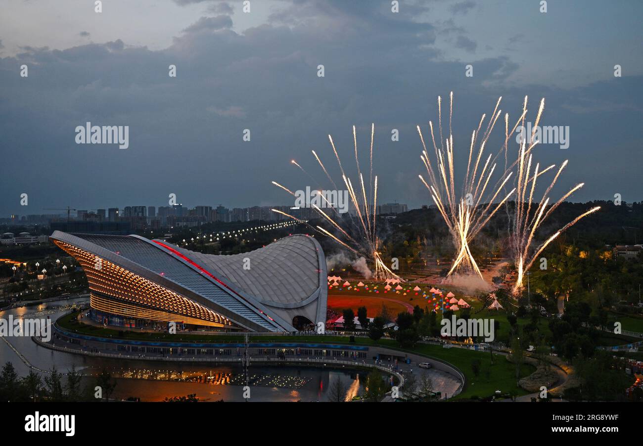 Chengdu, China's Sichuan Province. 8th Aug, 2023. Fireworks are seen during the closing ceremony of the 31st FISU Summer World University Games in Chengdu, southwest China's Sichuan Province, Aug. 8, 2023. Credit: Liu Kun/Xinhua/Alamy Live News Stock Photo