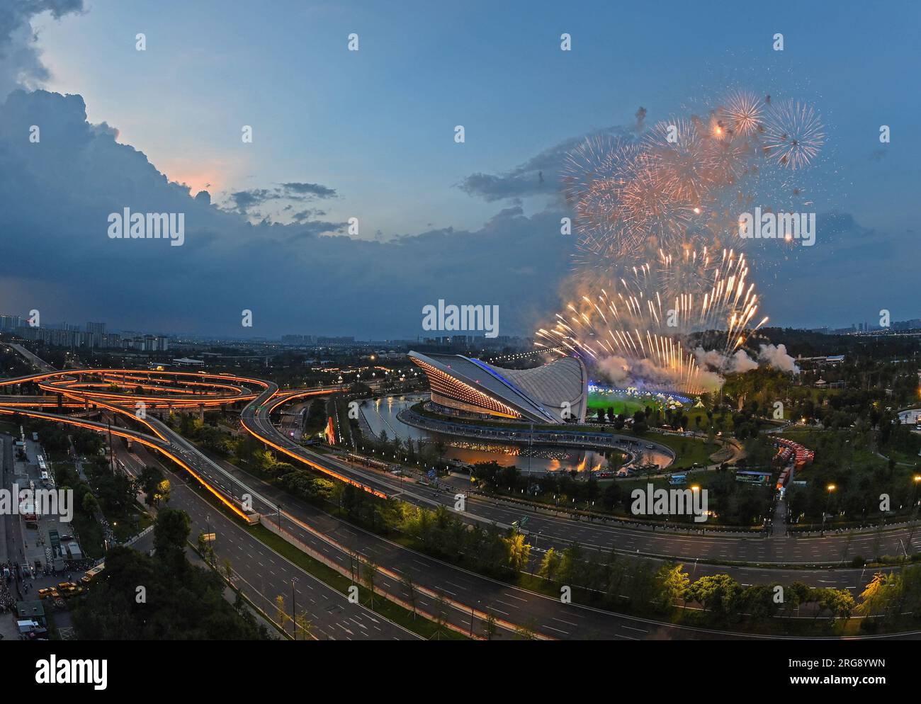Chengdu, China's Sichuan Province. 8th Aug, 2023. Fireworks are seen during the closing ceremony of the 31st FISU Summer World University Games in Chengdu, southwest China's Sichuan Province, Aug. 8, 2023. Credit: Liu Kun/Xinhua/Alamy Live News Stock Photo