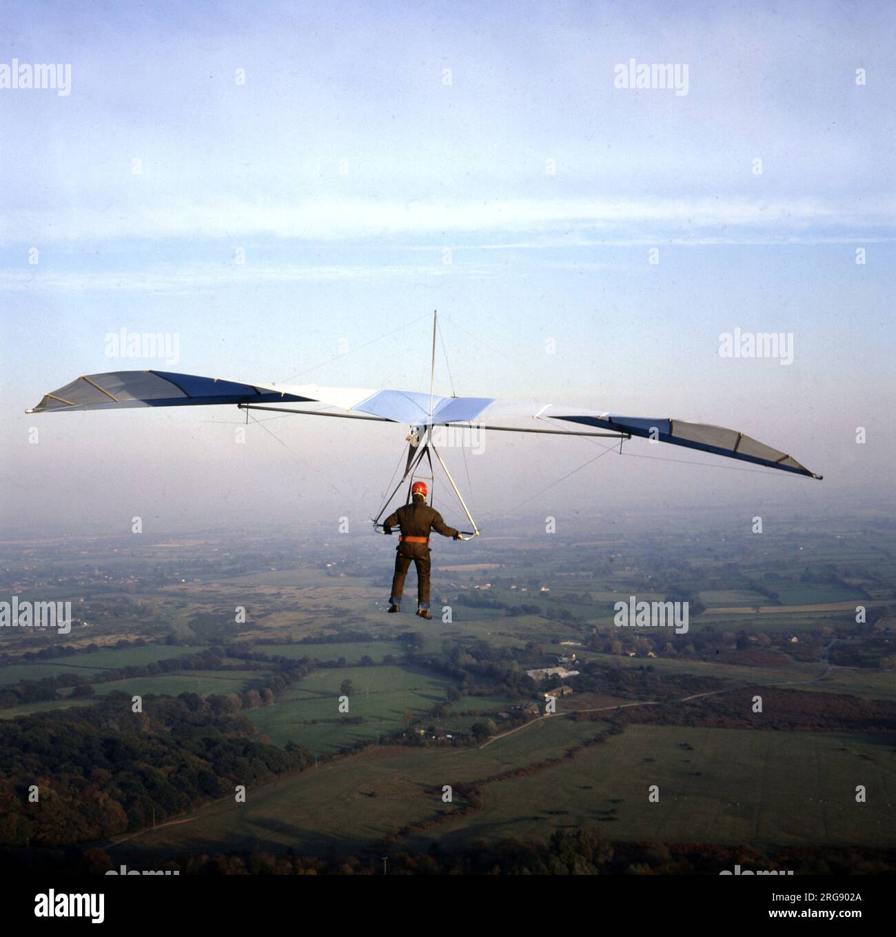 Hang gliding over the British countryside. Stock Photo