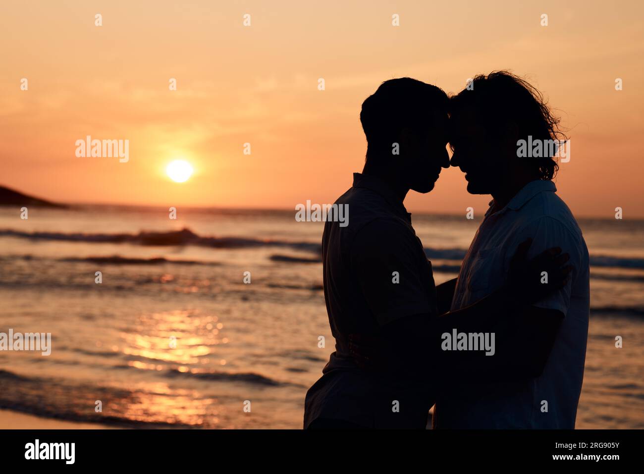 Silhouette, sunset and gay men at ocean, love and mockup on summer vacation  together in Thailand. Sunshine, beach and romance, lgbt couple in nature  Stock Photo - Alamy