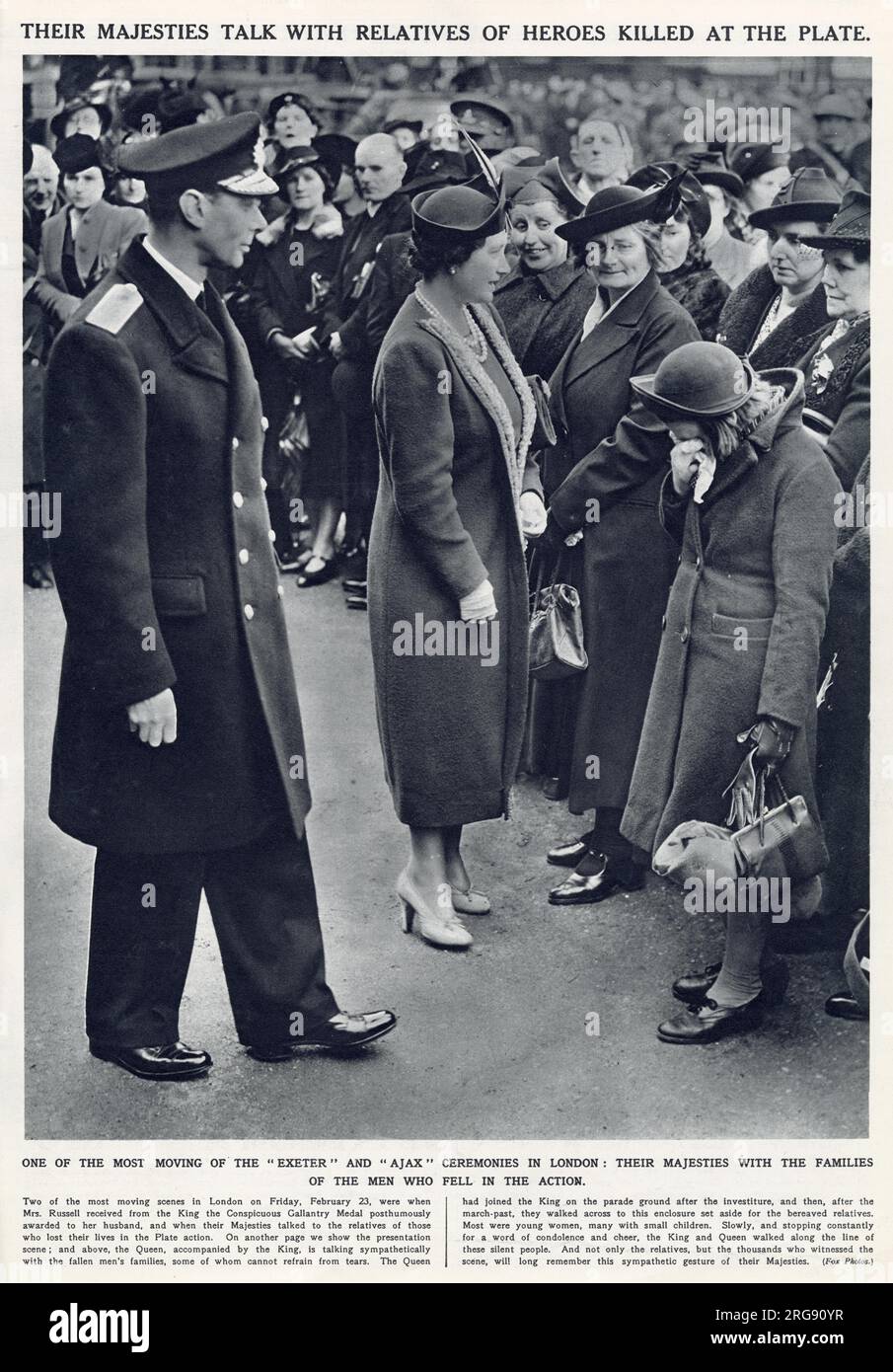 King George VI and Queen Elizabeth consort visiting bereaved relatives of heroes killed in the Battle of the River Plate, fought in the South Atlantic on 13 December 1939 as the first naval battle of the Second World War. Stock Photo