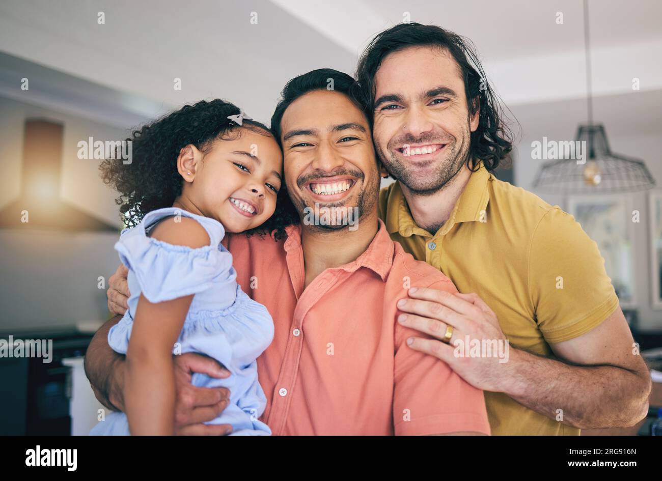 LGBT, portrait and girl child hug parents, happy and smile while enjoying family time in their home together. Gay, love fathers with foster kid in a Stock Photo