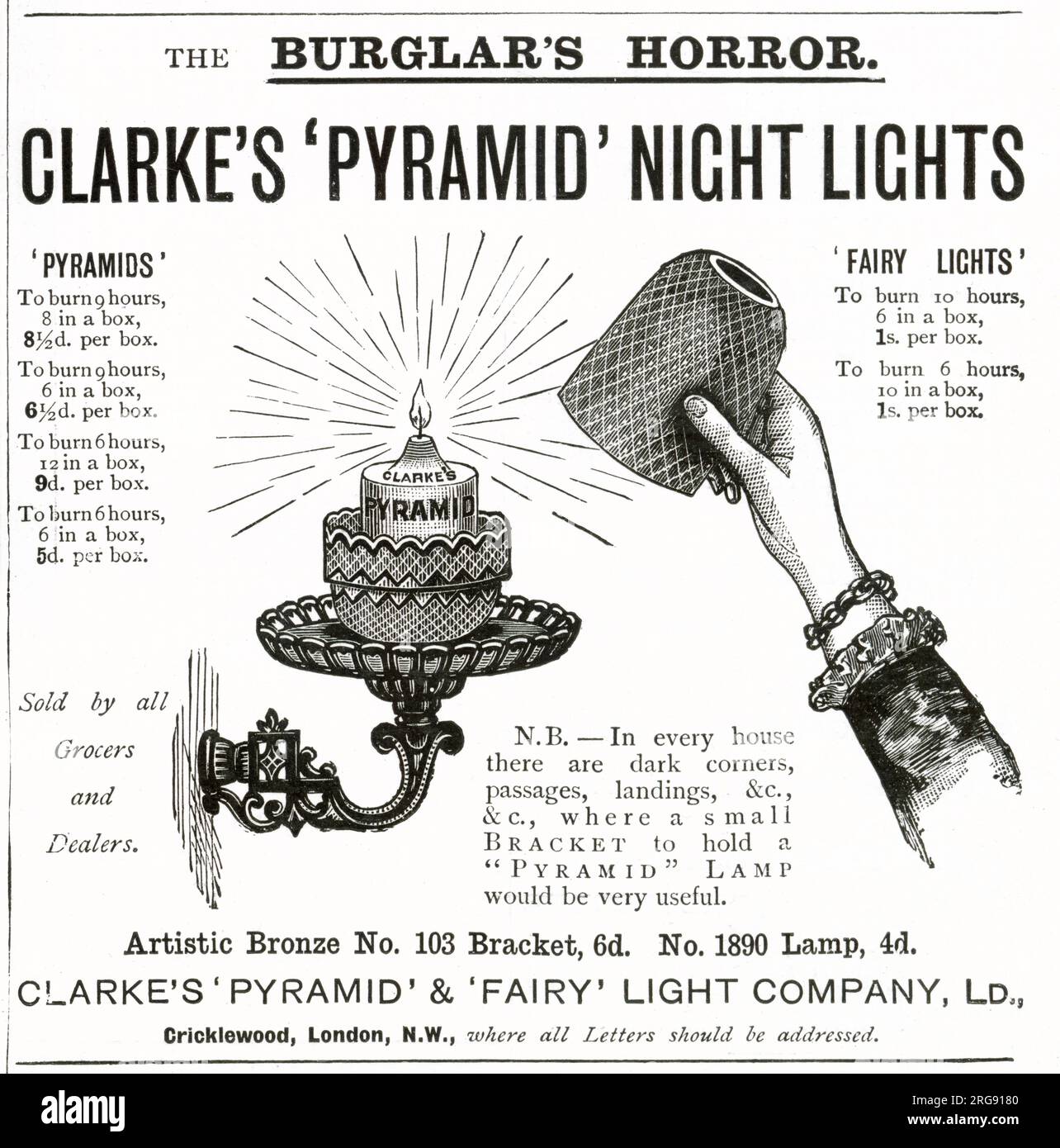 The 'Pyramid Night Lights, bronze bracket wall holder that burned for nine hours. Stock Photo
