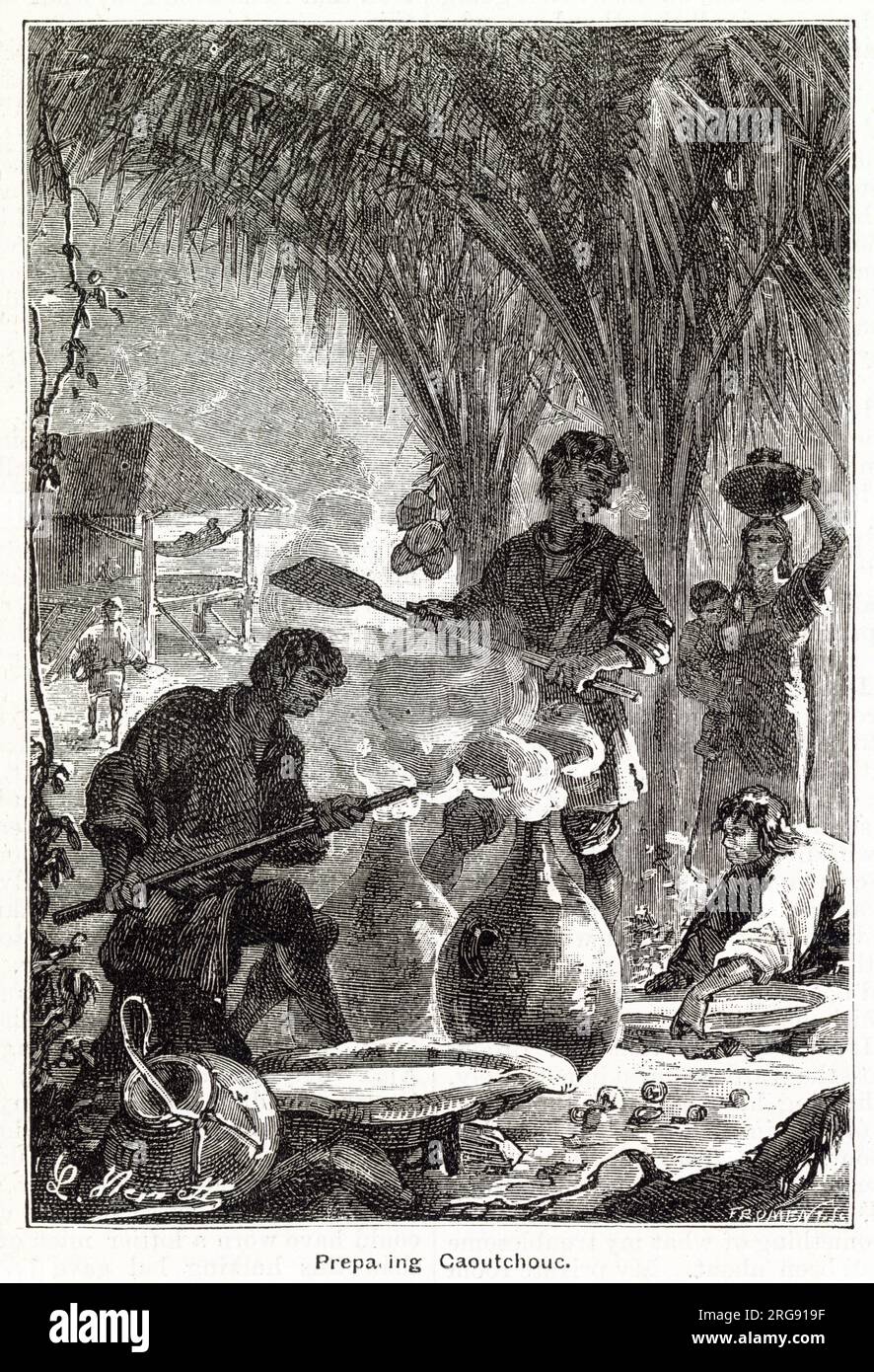 Preparing Caoutchouc, a natural rubber produced in Amazon region. From the beginning of the second half of the 19th century, rubber was desirable commodity, valued at a high price, and thought to create wealth and dividends. Stock Photo