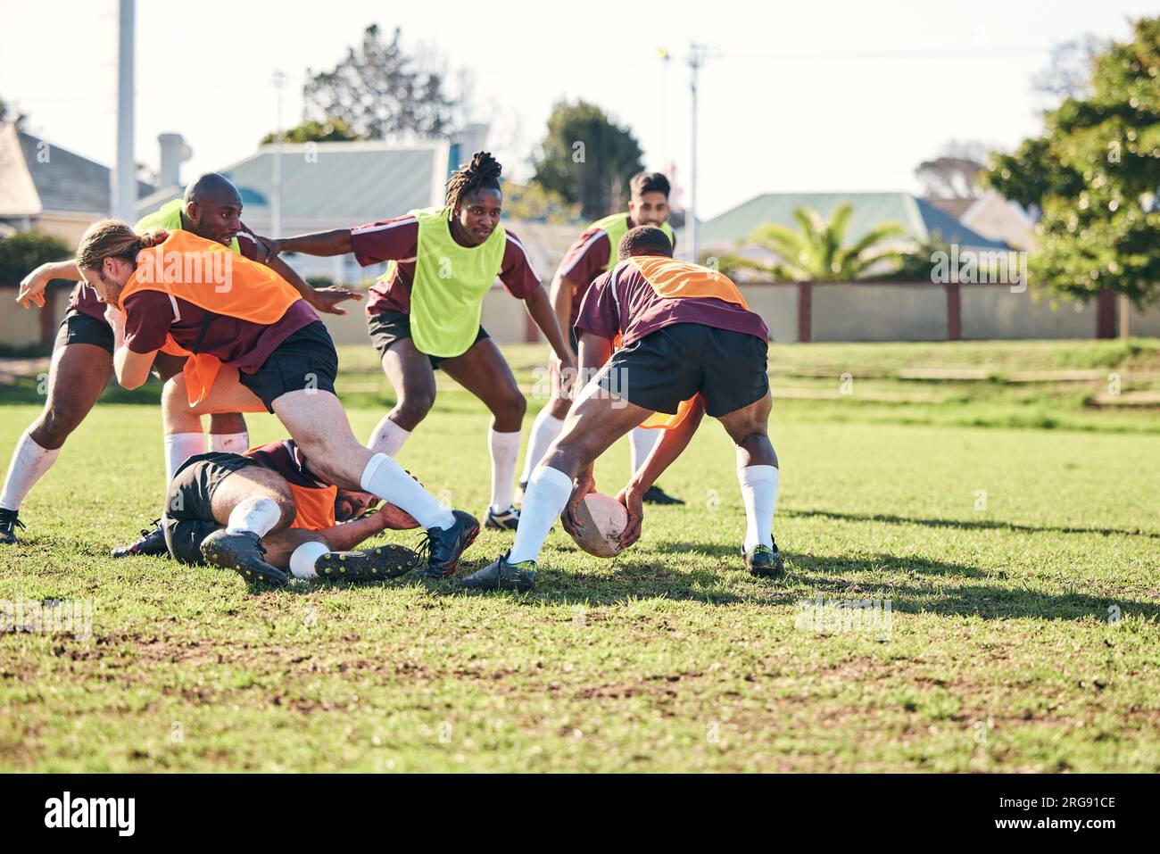 Team Building Rugby Rugby, fitness and training with a team on a field together for a game ...