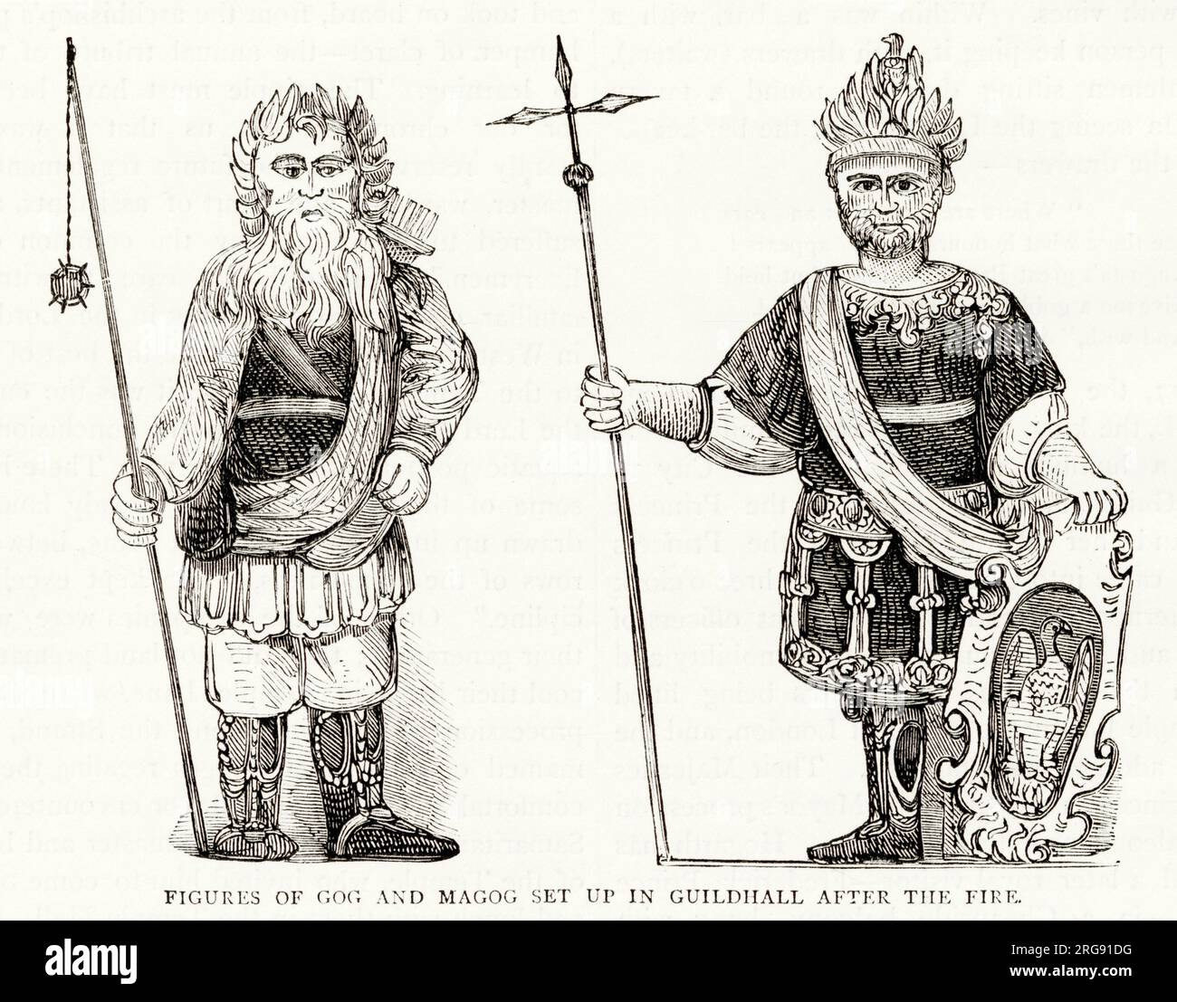 Figures of Gog and Magog, guardians set up in the Guilhall, London, after the fire. Stock Photo