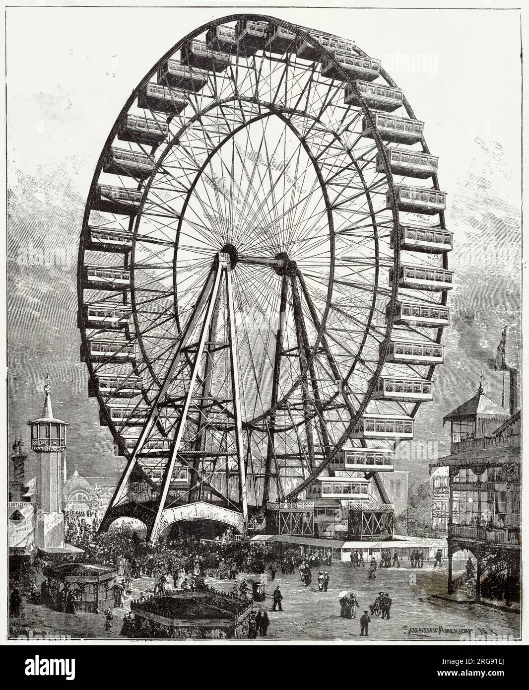 Attraction at the Chicago's World's Fair, designed and built by George Washington Gale Ferris Jr. The ferris wheel named the Chicago Wheel, had thirty-six pendulum cars, each seating forty passengers, carrying 1,440 people at its height. Stock Photo