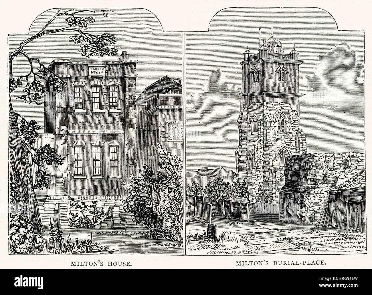John Milton's (1608 - 1674), English poet and intellectual, house at 19 York Street (Petty France), where he lived until the Restoration, and his burial place at St Giles church without Cripplegate. Stock Photo