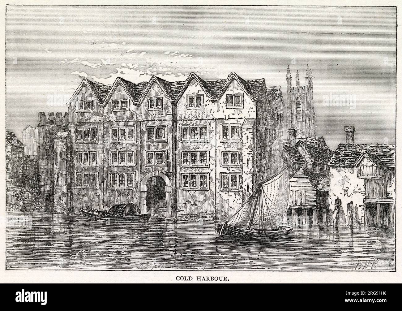 Cold Harbour was an estate in the parishes of All-Hallows-the-Less and All-Hallows-the-Great, in today's Dowgate Ward of the City of London. From the 13th century to the mid-17th century Coldharbour occupied the area between Upper Thames Street and the Thames to the east of Cannon Street station. It was destroyed in the Great Fire of 1666. Stock Photo