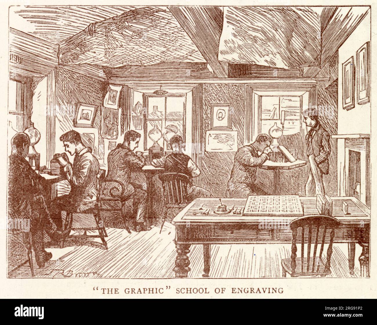 Inside the school room for artist that are turning the artwork into engravings using the new electro-dynamo machines that saved many hours in electrotyping, to go into the weekly Graphic. Stock Photo