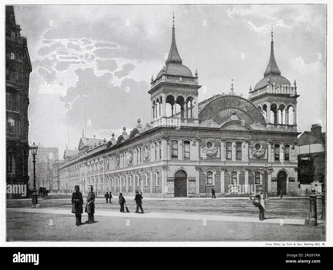Exterior of the Royal Aquarium, Westminster, London with a combination of winter gardens, music hall and a variety of performances, side shows and restaurants. Red brick building, 600 feet long with a glass roof, costing nearly ú200,000 and opened in 1876. Stock Photo
