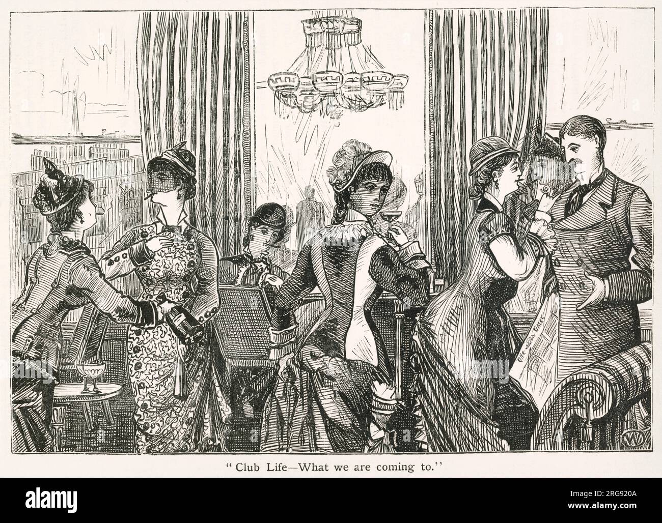Inside a Gentlemen's clubs where women were strictly not allowed. An engraving showing what would happen if women were invited too. Stock Photo