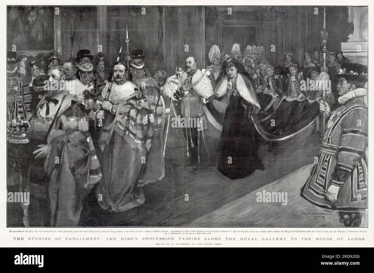 The Opening of Parliament, Edward VII passing along the Royal Gallery to the House of Lords. Stock Photo