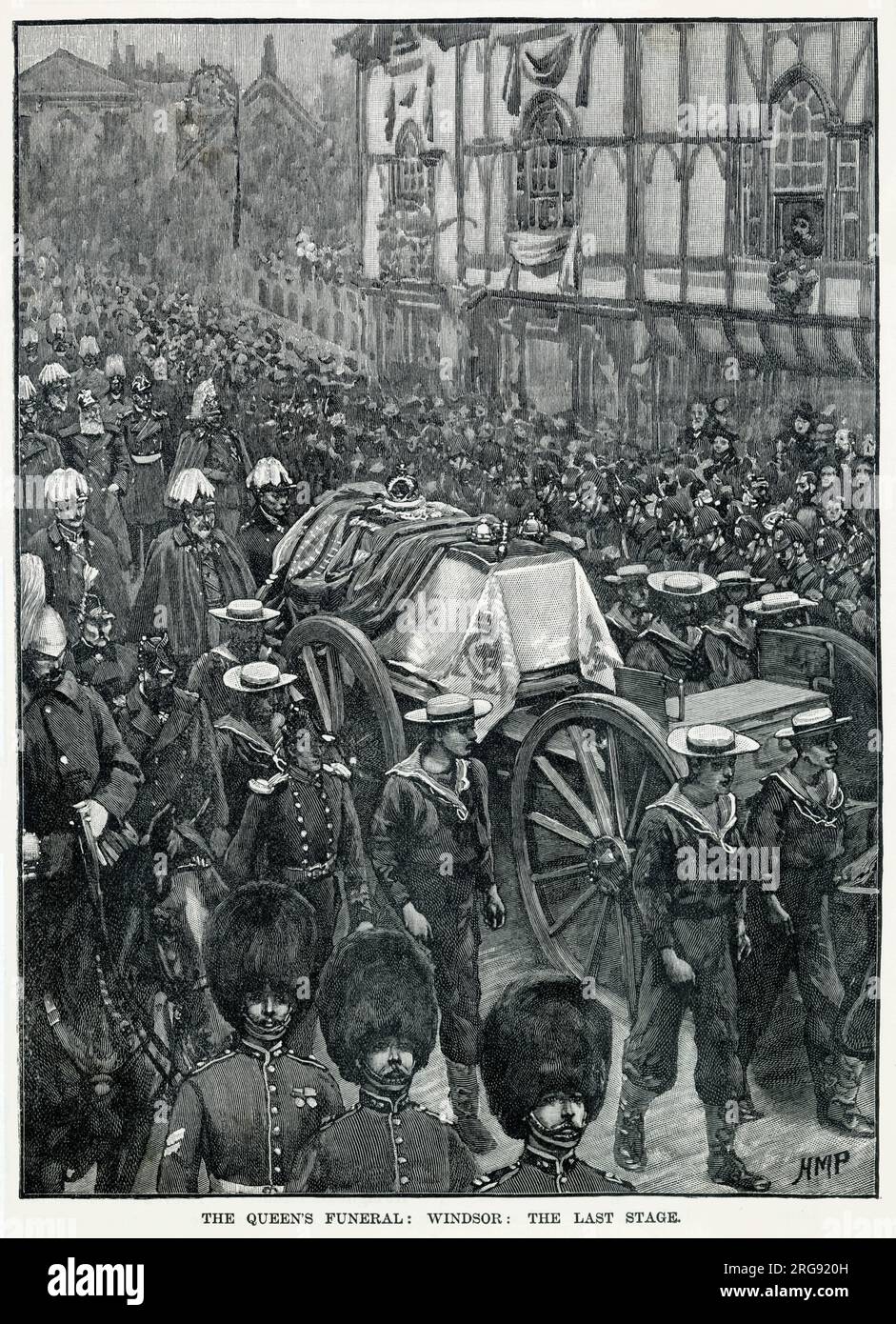 Arriving at Windsor for Queen Victoria's last journey before being interred beside Prince Albert. The coffin was placed on the gun carriage to be pulled by the white horses, but however, the horses began to act up and were so unruly that they broke harness. The funeral mourners where unaware of the problem and had to come back. Quickly alternative arrangements had to be made, a naval guard of honor found a communications cord and turned into impromptu harness and the Blue Jackets Sailors themselves then pulled the queen's funeral carriage. Stock Photo