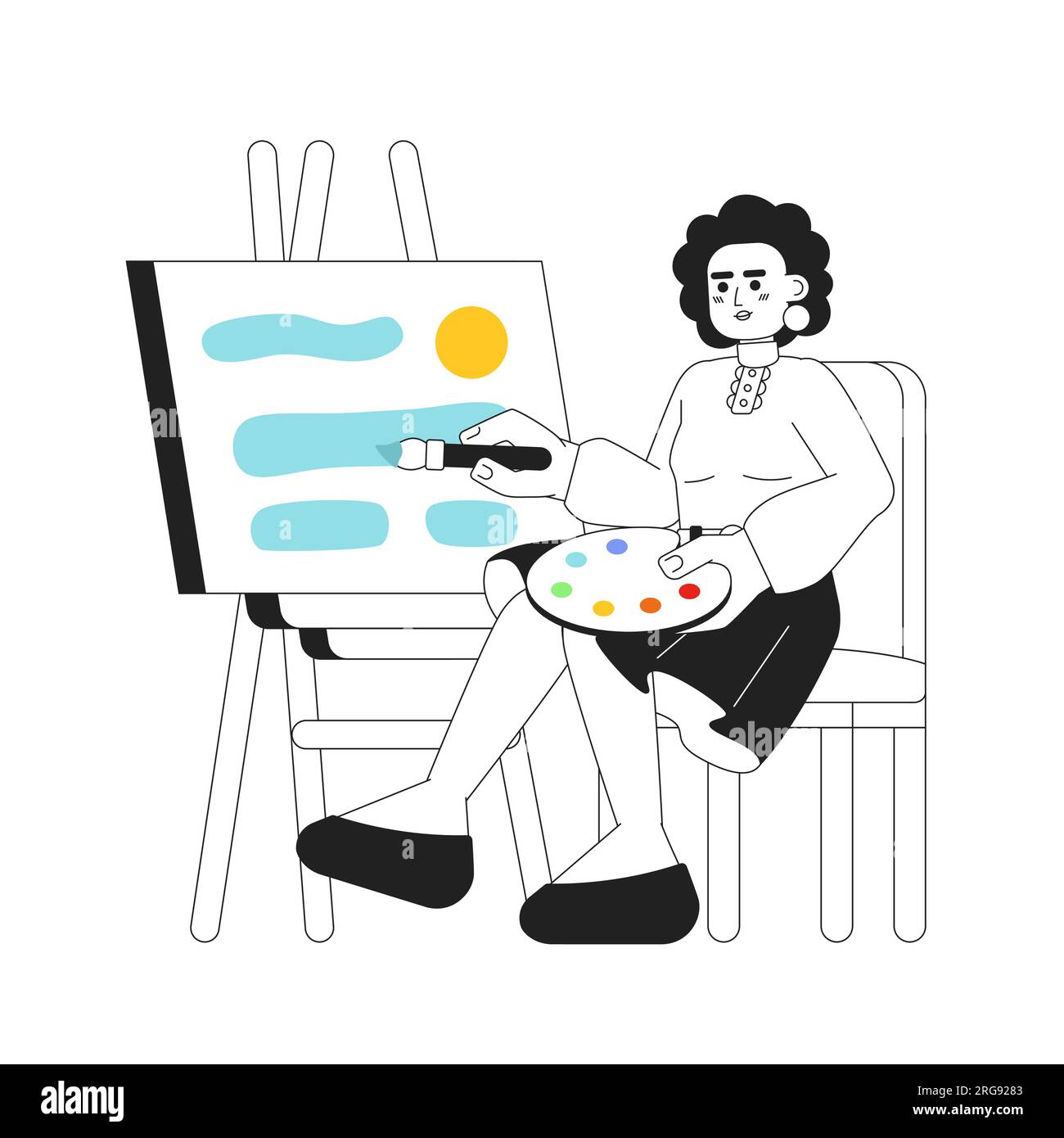 Talented woman painting on easel monochrome concept vector spot