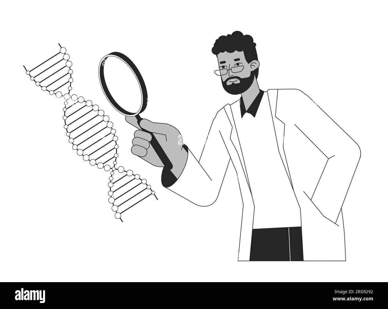 Scientist study DNA helix bw concept vector spot illustration Stock