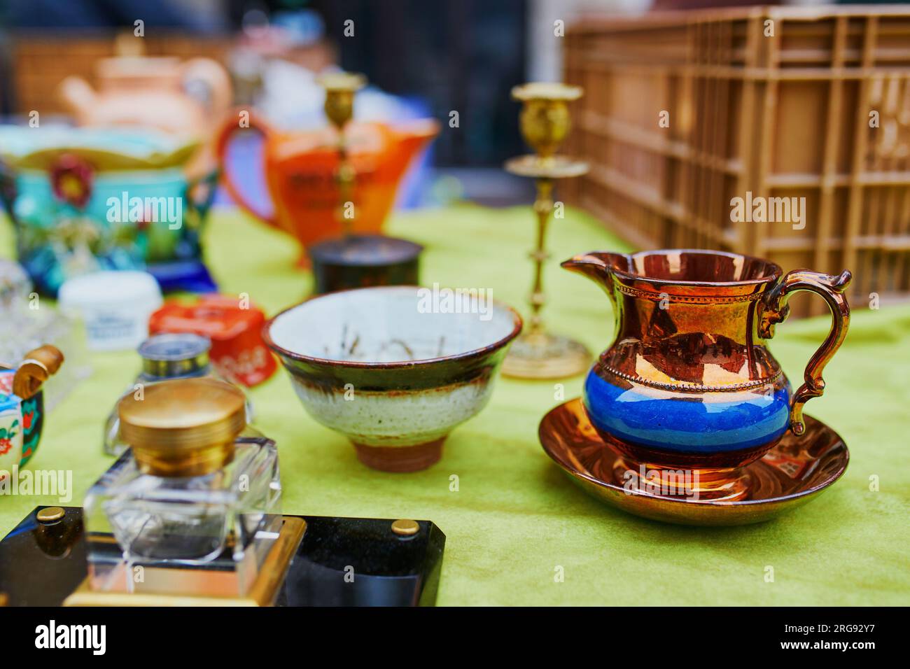 Antique dishware for sale on Parisian flea market Stock Photo Alamy