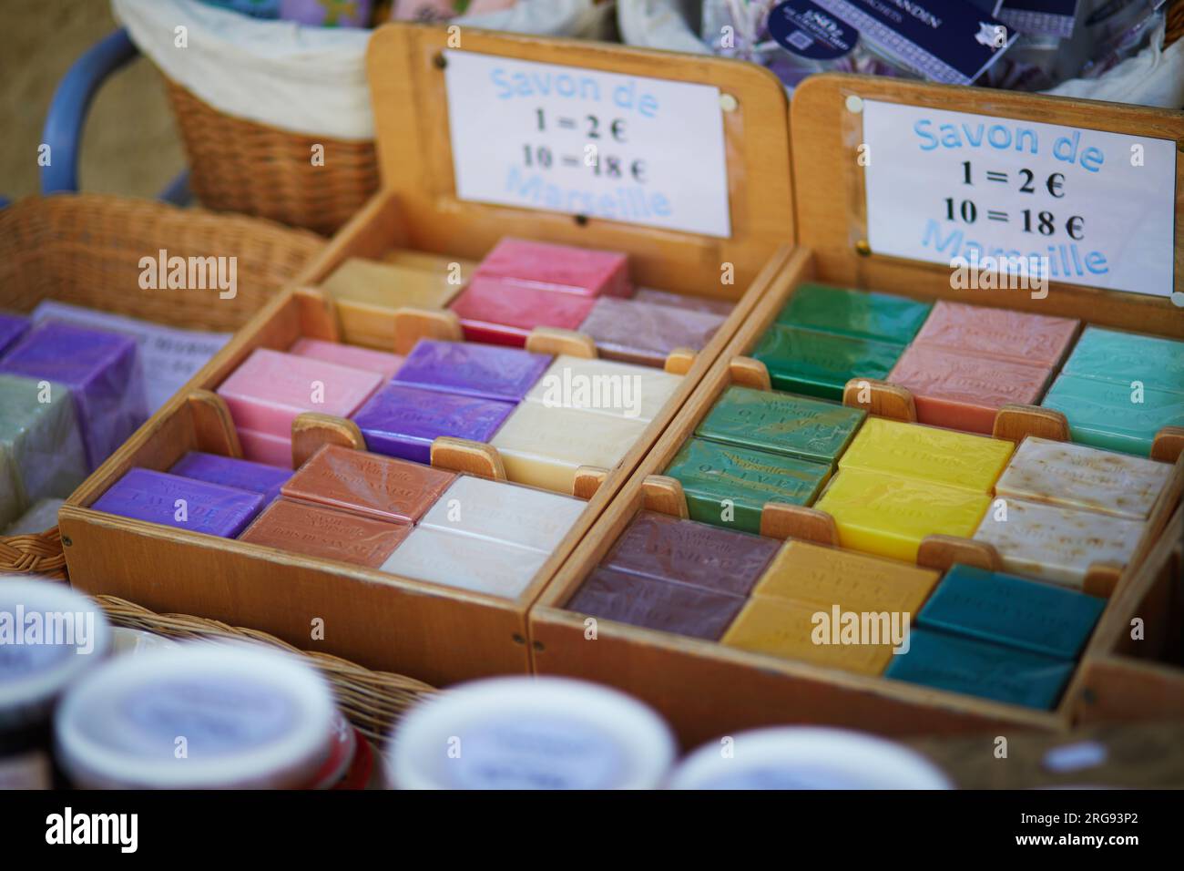 Colorful bars of Marseille soap on market or in souvenir shop