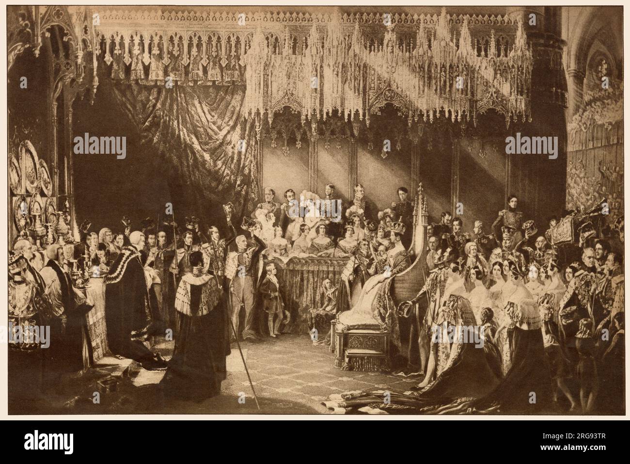 The ceremony taking place inside Westminster Abbey, London. Queen Victoria seated upon the thrown. Stock Photo