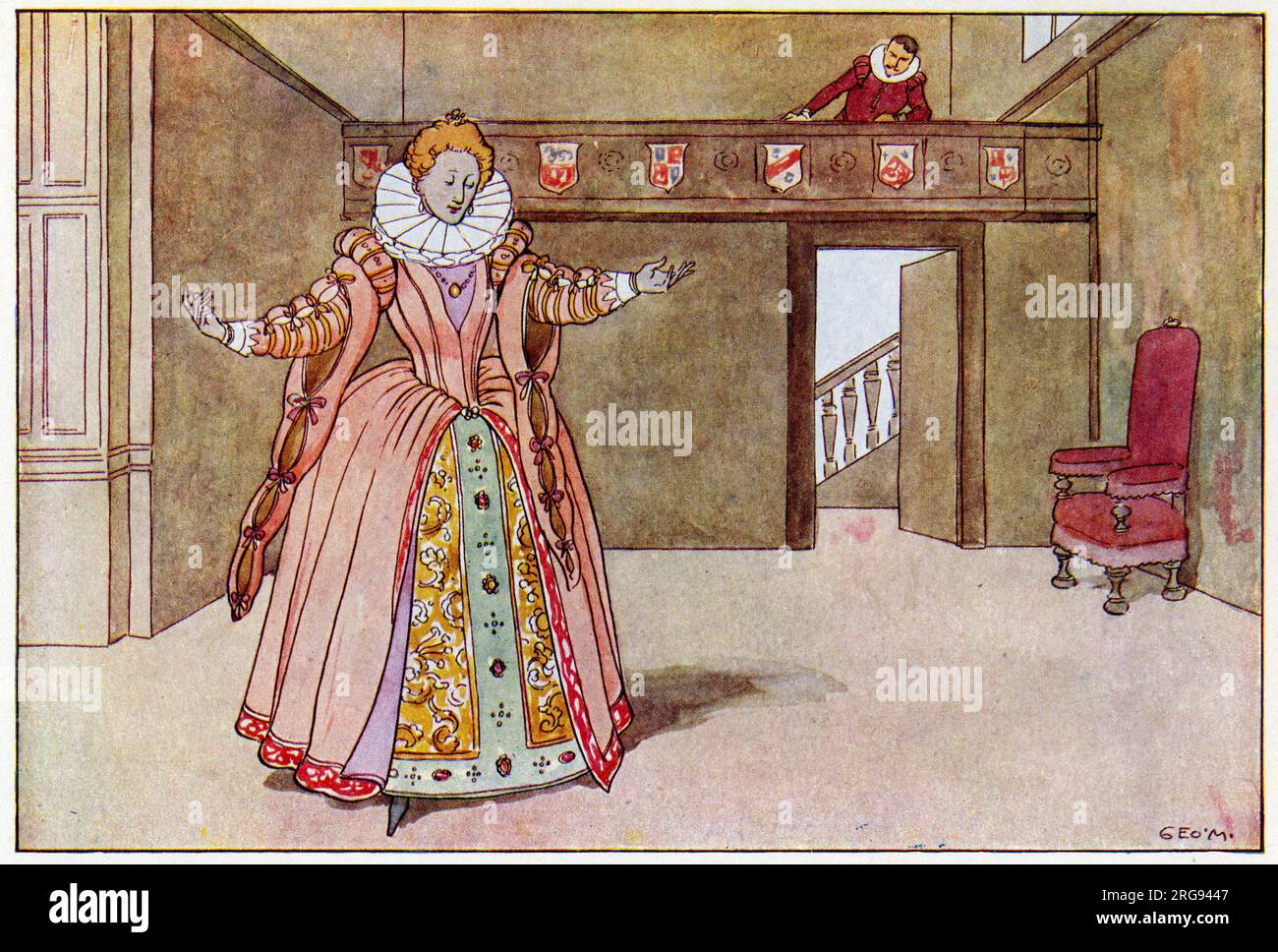 Queen Elizabeth I (1533-1603) is pictured here dancing before a rich man in her Palace wearing a beautiful skirt with a corset and her traditional thick layer of make-up. She liked to pretend that she did not know that they were there watching her!! Stock Photo
