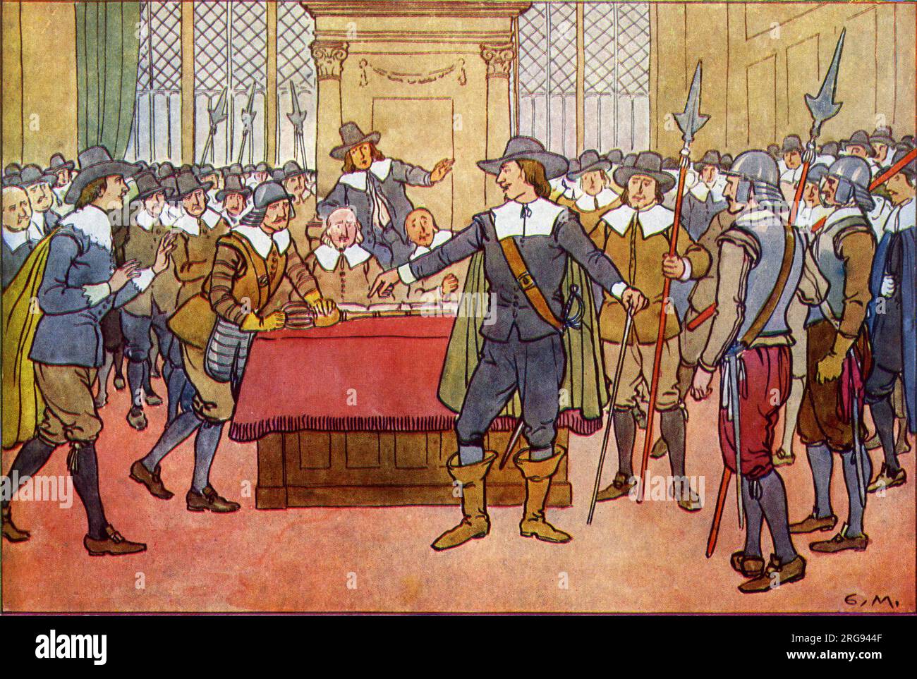This illustration shows Cromwell asserting his authority in dissolving the English 'Rump' Parliament on 20 April 1653. He is shown ordering the removal of the golden mace from Parliament. Stock Photo
