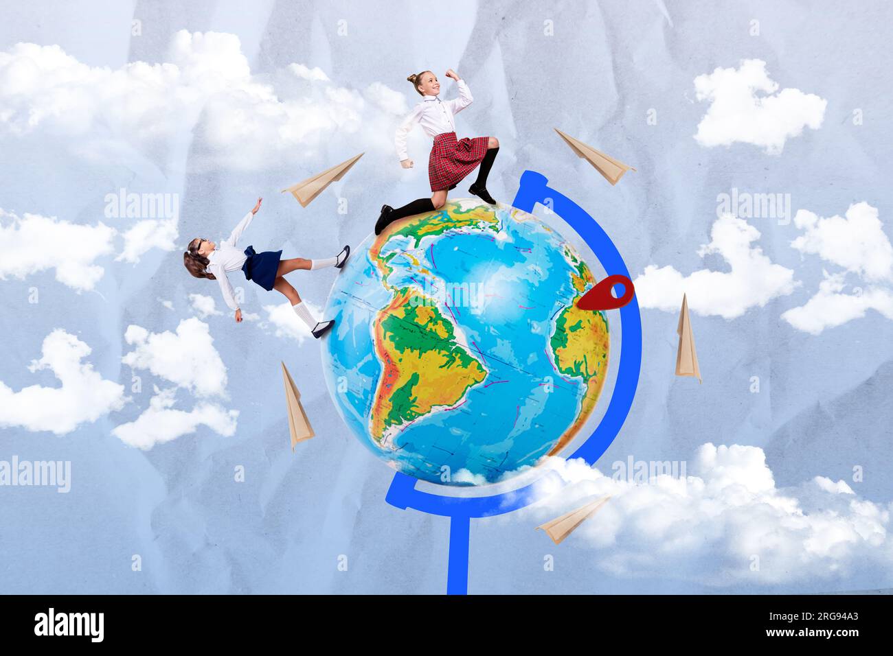 Two girls collage illustration classmates running around world planet earth geography map globe navigation tag isolated on sky background Stock Photo