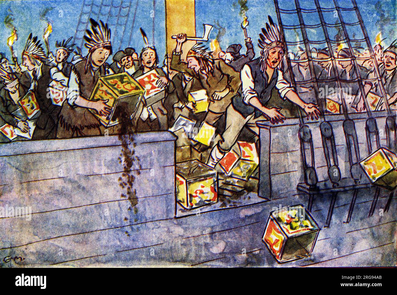 The Boston Tea Party - a political and mercantile protest by the Sons of Liberty in Boston, Massachusetts, on December 16, 1773. Demonstrators, some disguised as Native Americans, destroyed an entire shipment of tea sent by the East India Company. Stock Photo