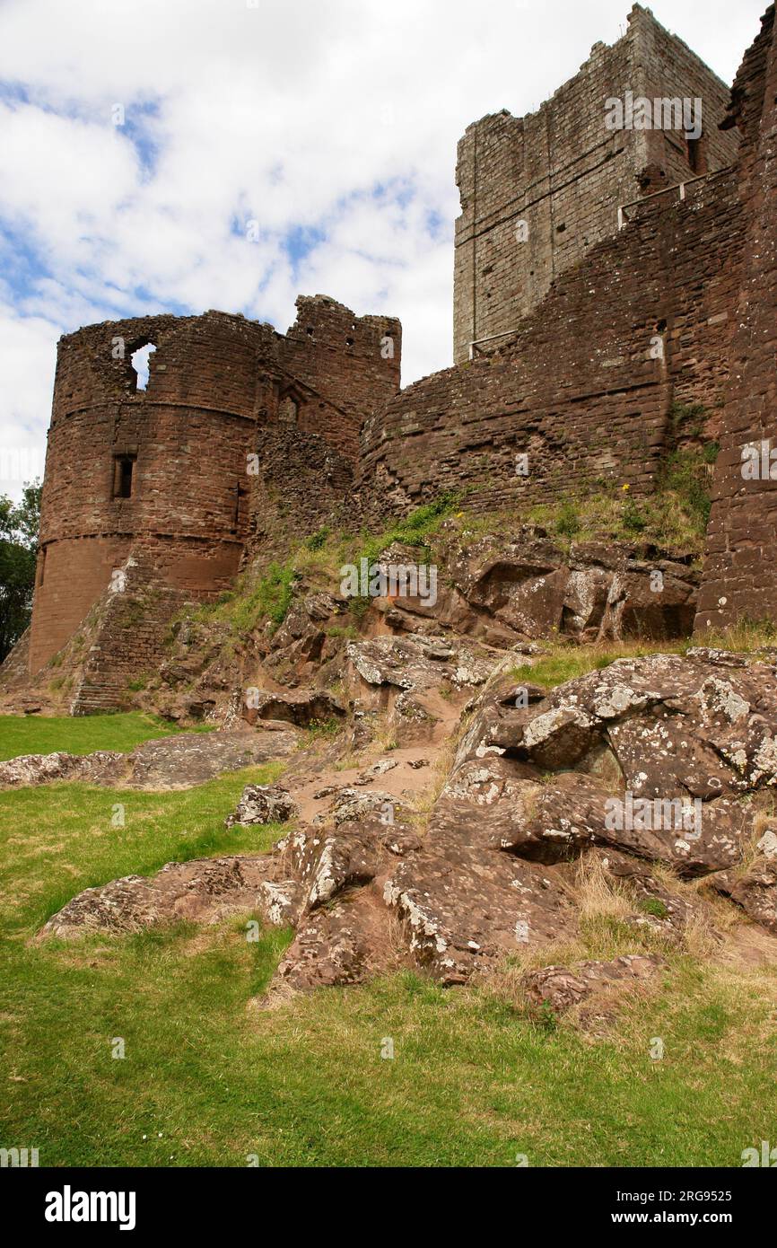 View of Goodrich Castle, near Ross on Wye, Herefordshire. The building was begun in the late 11th century by the thegn (thane) Godric, with later additions. It stands on a hill near the River Wye and is open to the public. Stock Photo