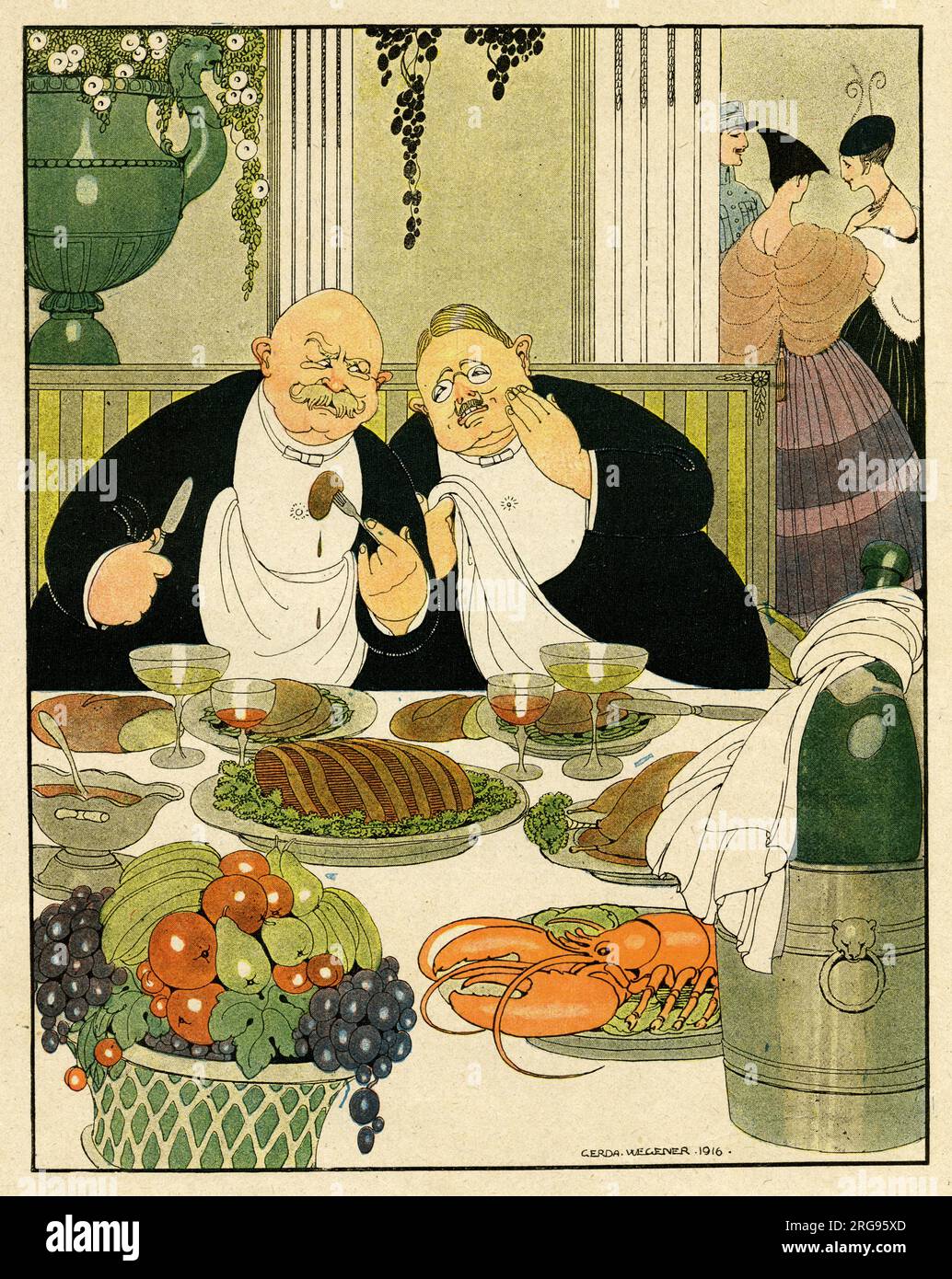 Cartoon, Two German spies.  Two fat men at a table laden with food agree that it's worth being spies and risking their lives, when they can eat so well. Stock Photo