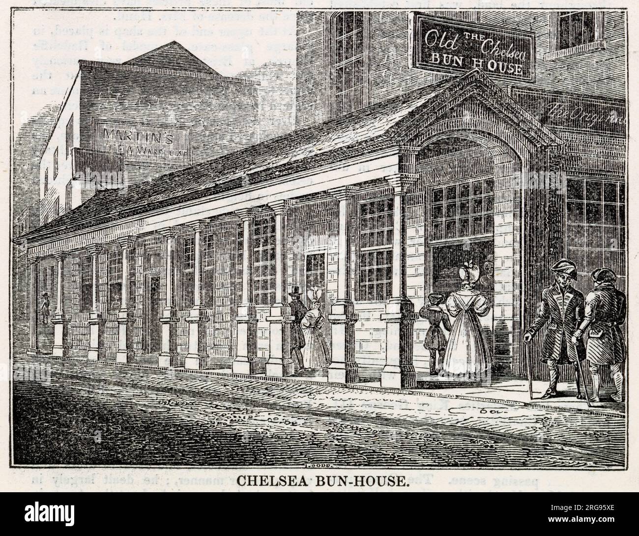 The Chelsea Bun House in 1839, originator of the Chelsea bun and patronised by Hanoverian royalty, Kings George II and III. The shop was on the main road from Pimlico to Chelsea . Stock Photo