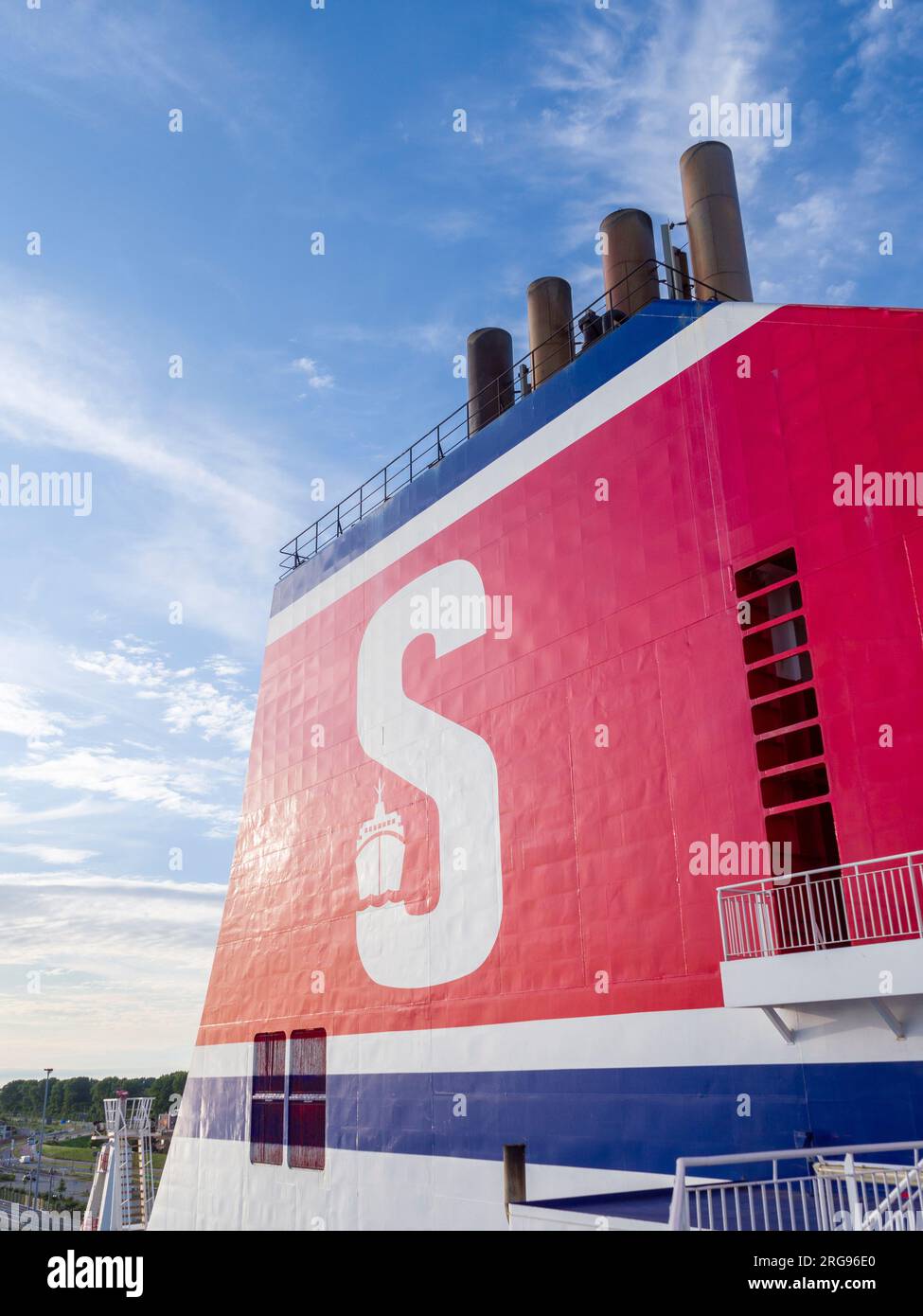 The funnel of a Stena Line ferry on the Hook of Holland to Harwich route. Stock Photo