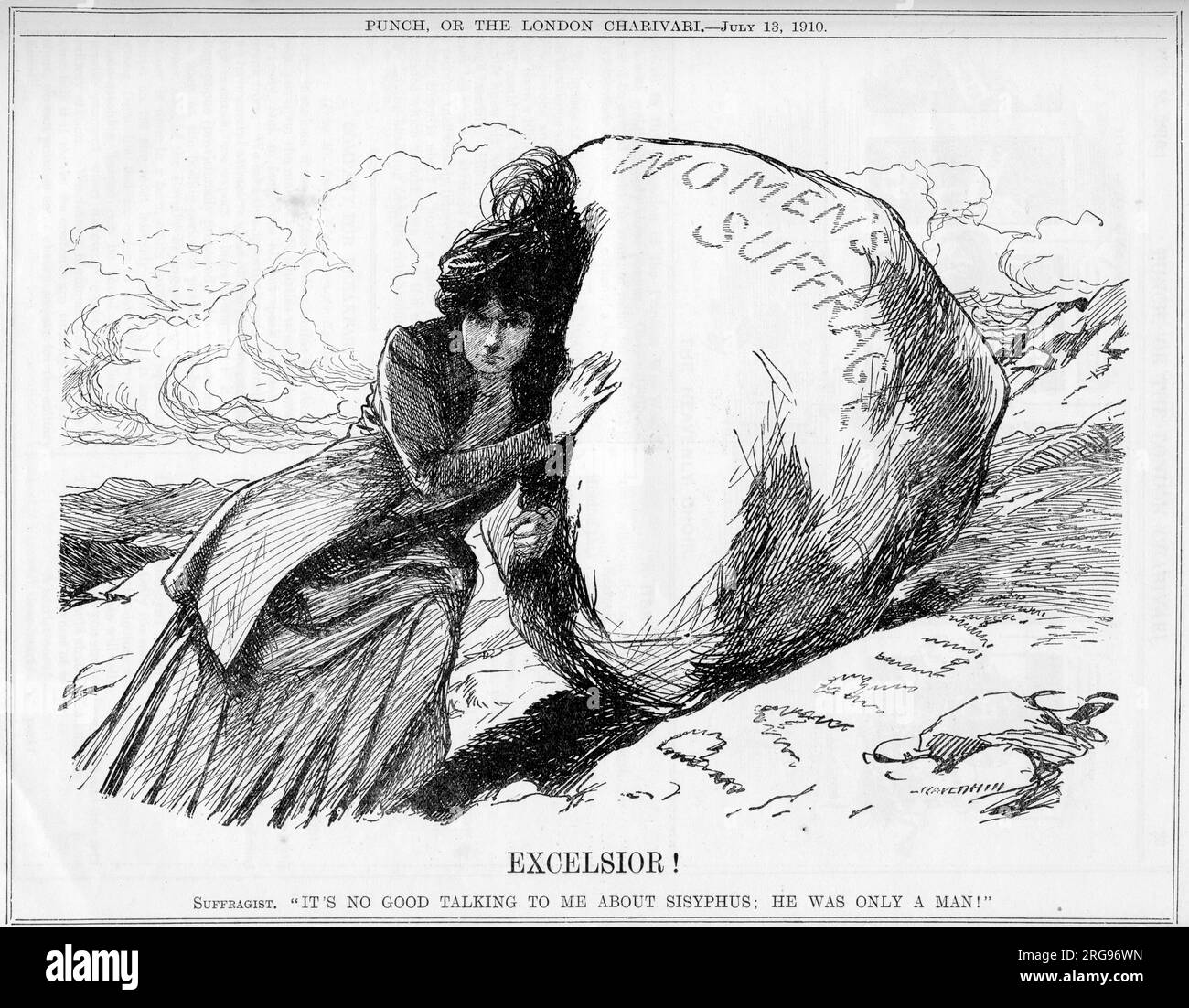 Cartoon, Excelsior! A Suffragette depicted as Sisyphus pushing the large boulder of Women's Suffrage up the 'Parliament' Hill. 'It's no good talking to me about Sisyphus; he was only a Man!' Stock Photo
