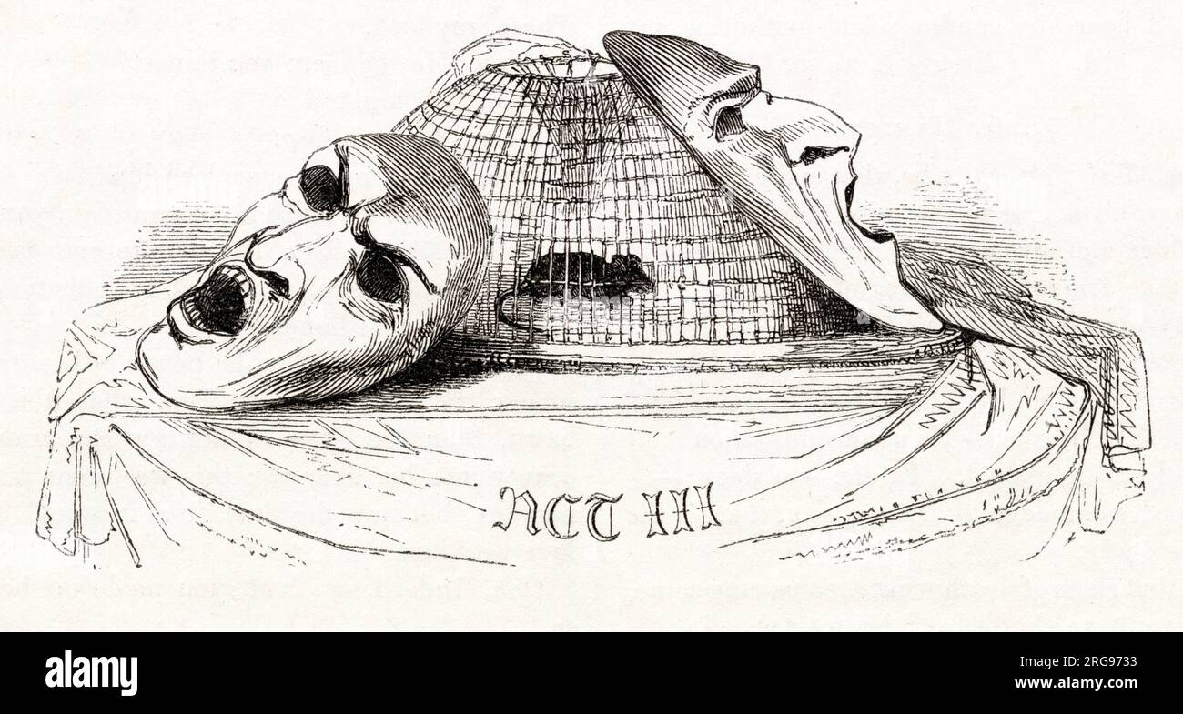 Illustration by Kenny Meadows to Hamlet, Prince of Denmark, by William Shakespeare. Introductory illustration to Act III, with two theatrical masks and a mousetrap, a reference to the play within the play, designed to confirm Claudius's guilt in killing his brother. Stock Photo