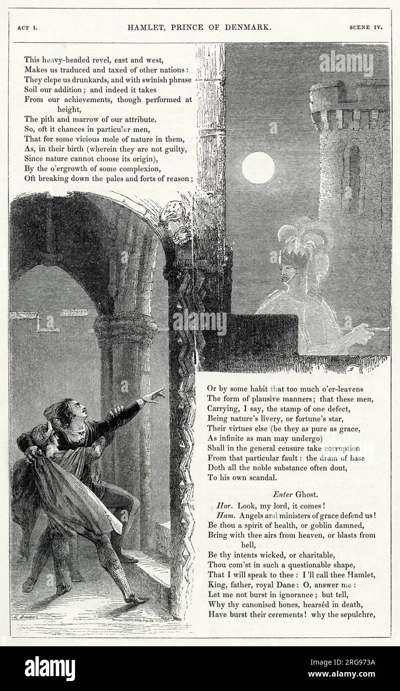 Illustration by Kenny Meadows to Hamlet, Prince of Denmark, by William Shakespeare. Scene on the battlements of Elsinore Castle, with Hamlet pointing towards the Ghost of his father, and Horatio trying to hold him back. Stock Photo