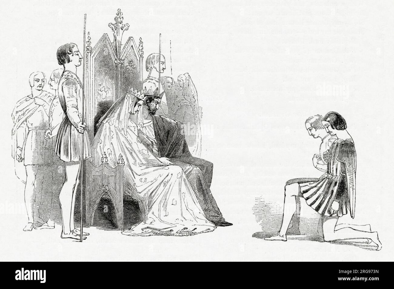 Illustration by Kenny Meadows to Hamlet, Prince of Denmark, by William Shakespeare. King Claudius and Queen Gertrude, seated on their thrones, welcome Hamlet's friends Rosencrantz and Guildenstern, and ask them to try to find out why Hamlet is behaving so oddly. Stock Photo