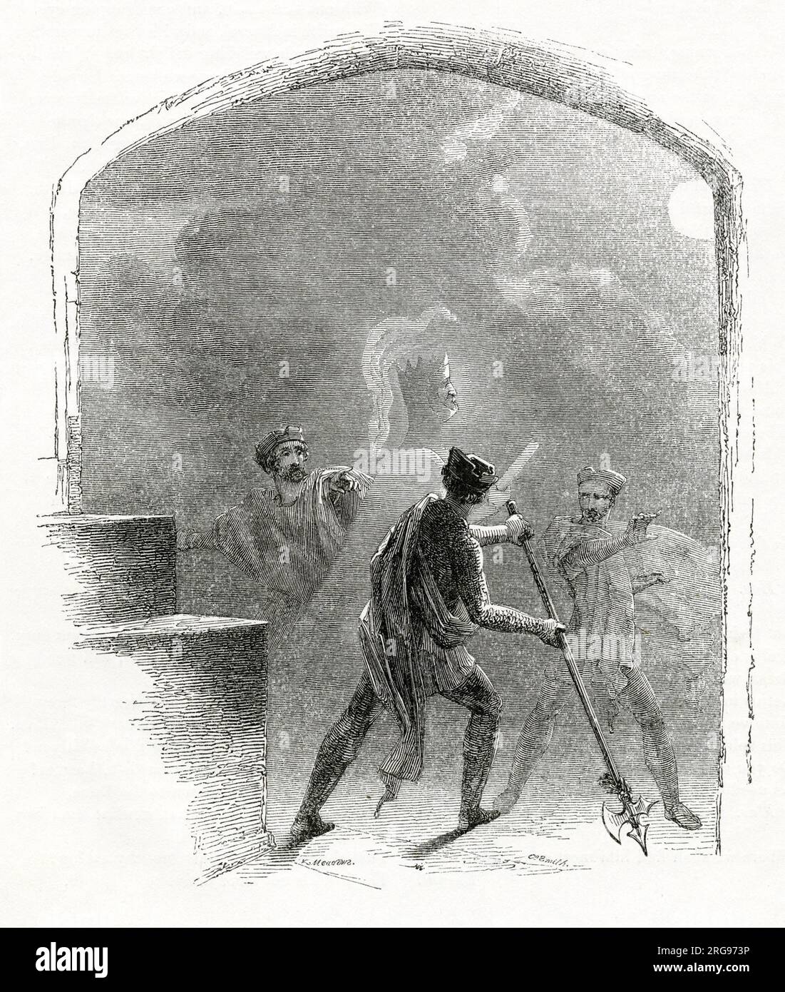 Illustration by Kenny Meadows to Hamlet, Prince of Denmark, by William Shakespeare. Scene on the battlements of Elsinore Castle, with Horatio and guards alarmed to see the Ghost of the old King Hamlet. Stock Photo