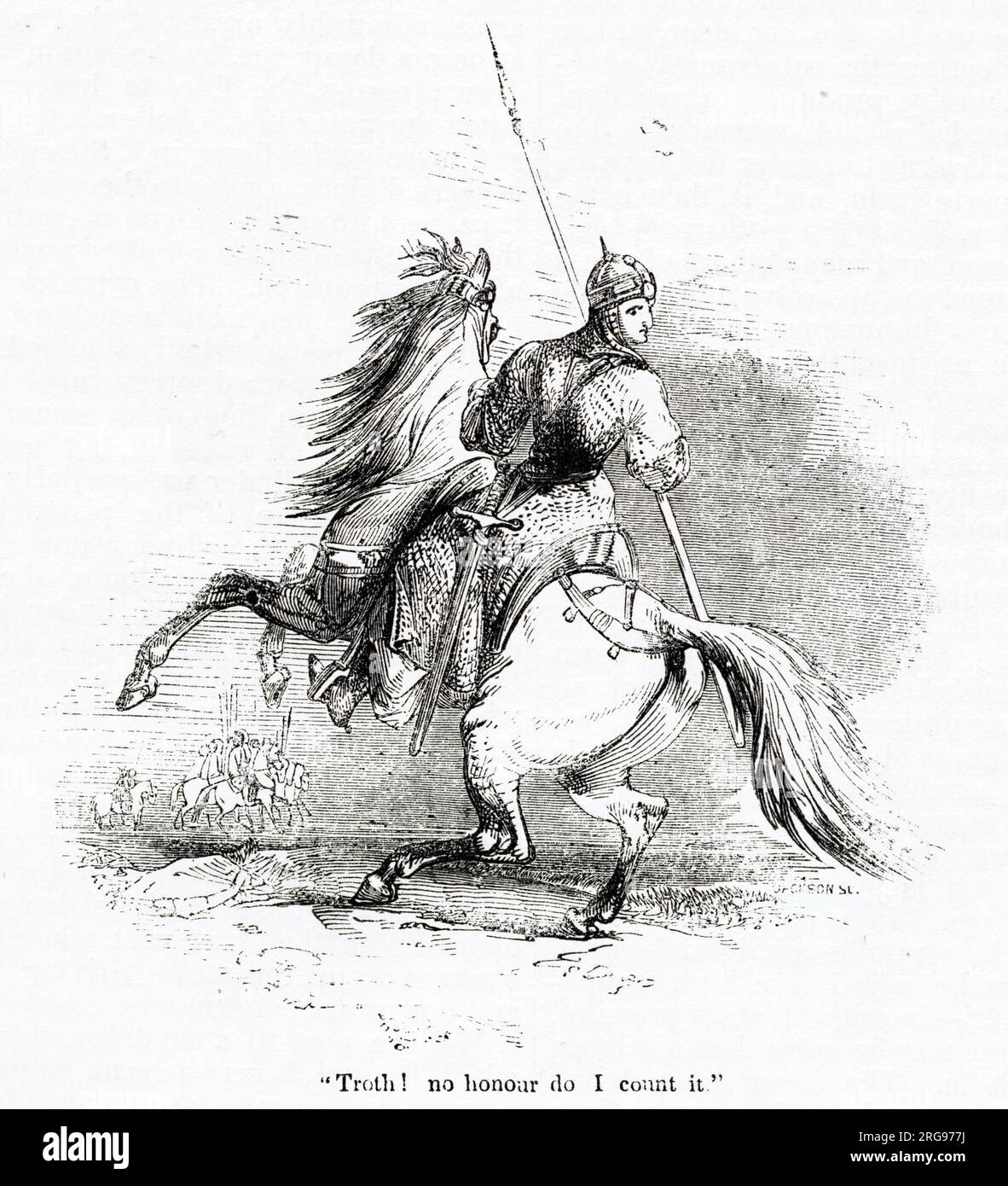 Illustration from the life of El Cid, Rodrigo Diaz de Vivar (c1043-1099), Castilian nobleman and military leader in medieval Spain - seen here on his war horse. He was immortalised in a 12th century Spanish epic poem, El Cantar de Mio Cid, and is the subject of a play by Pierre Corneille, an opera by Jules Massenet, and a film starring Charlton Heston. Stock Photo