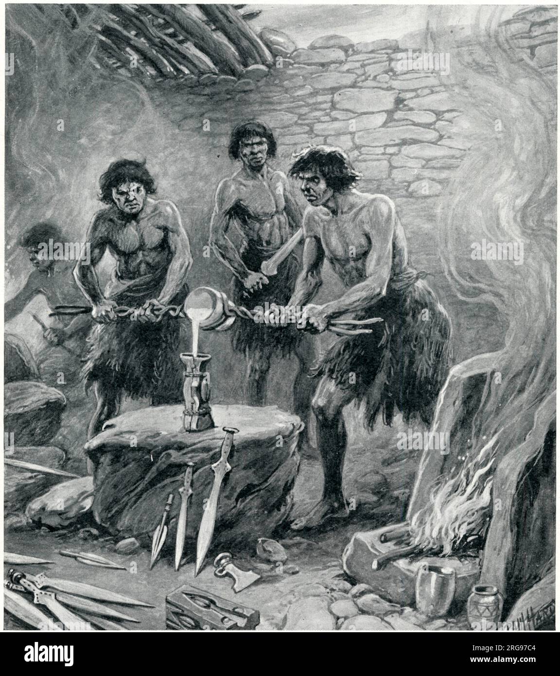 Scene in a Bronze Age foundry, showing men pouring molten metal into a container, and various weapons on display. Stock Photo