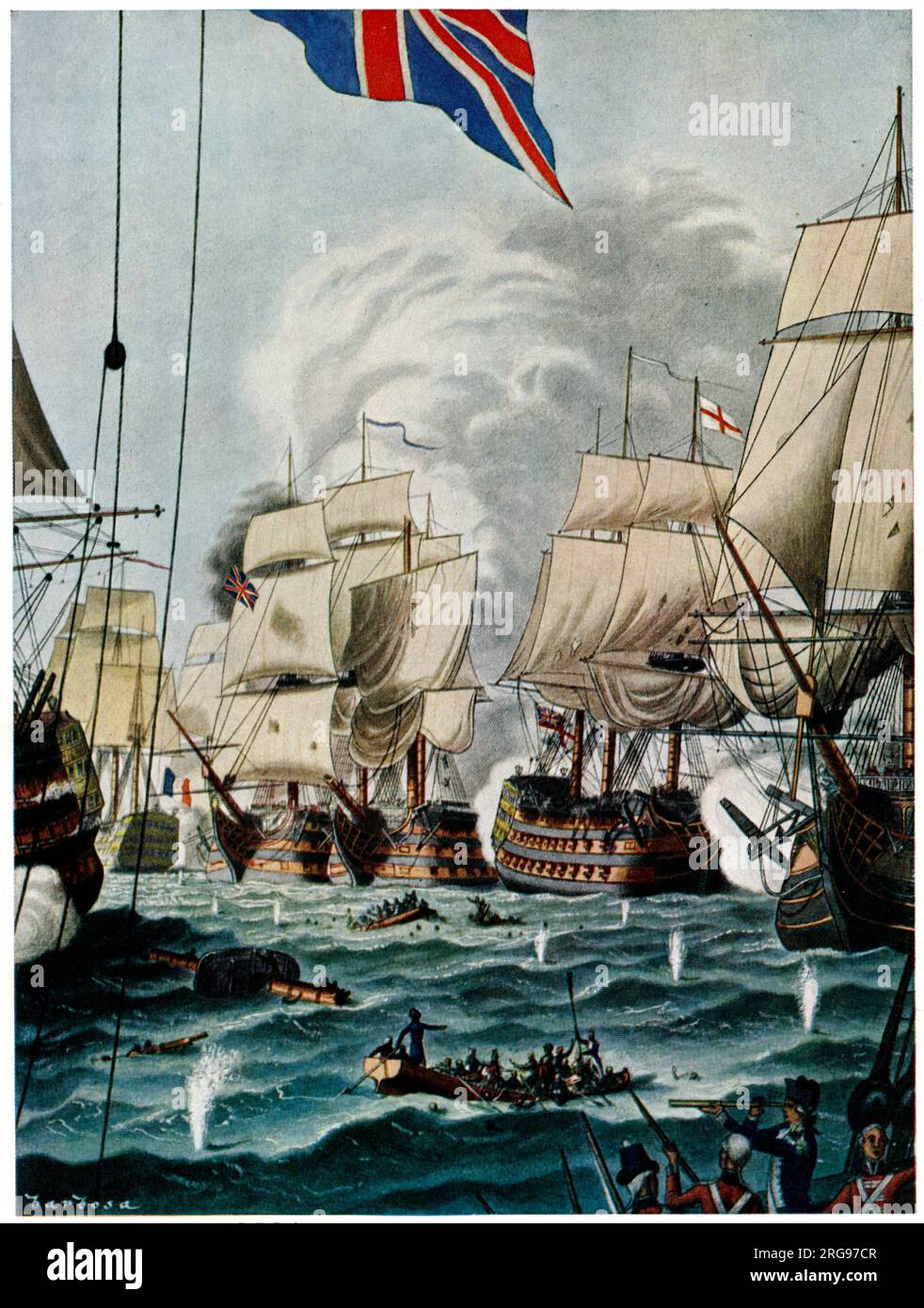 Scene from the Battle of Trafalgar (21 October 1805), Cape Trafalgar, Spain, fought by the British Royal Navy against the combined fleets of the French and Spanish Navies. Stock Photo