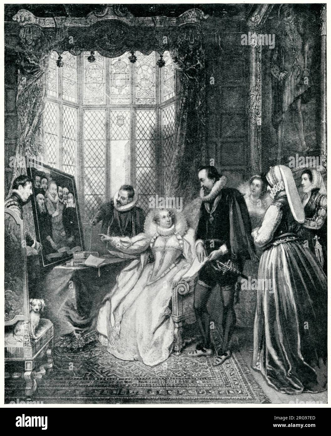 Queen Elizabeth I detecting the Babington conspiracy, with her Secretary, Sir Francis Walsingham, standing at her side. Stock Photo