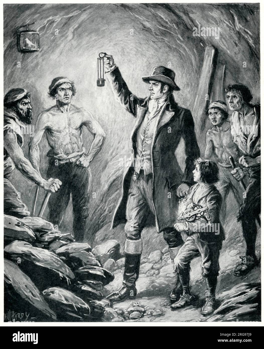 Sir Humphry Davy in a mine with his safety lamp. Stock Photo