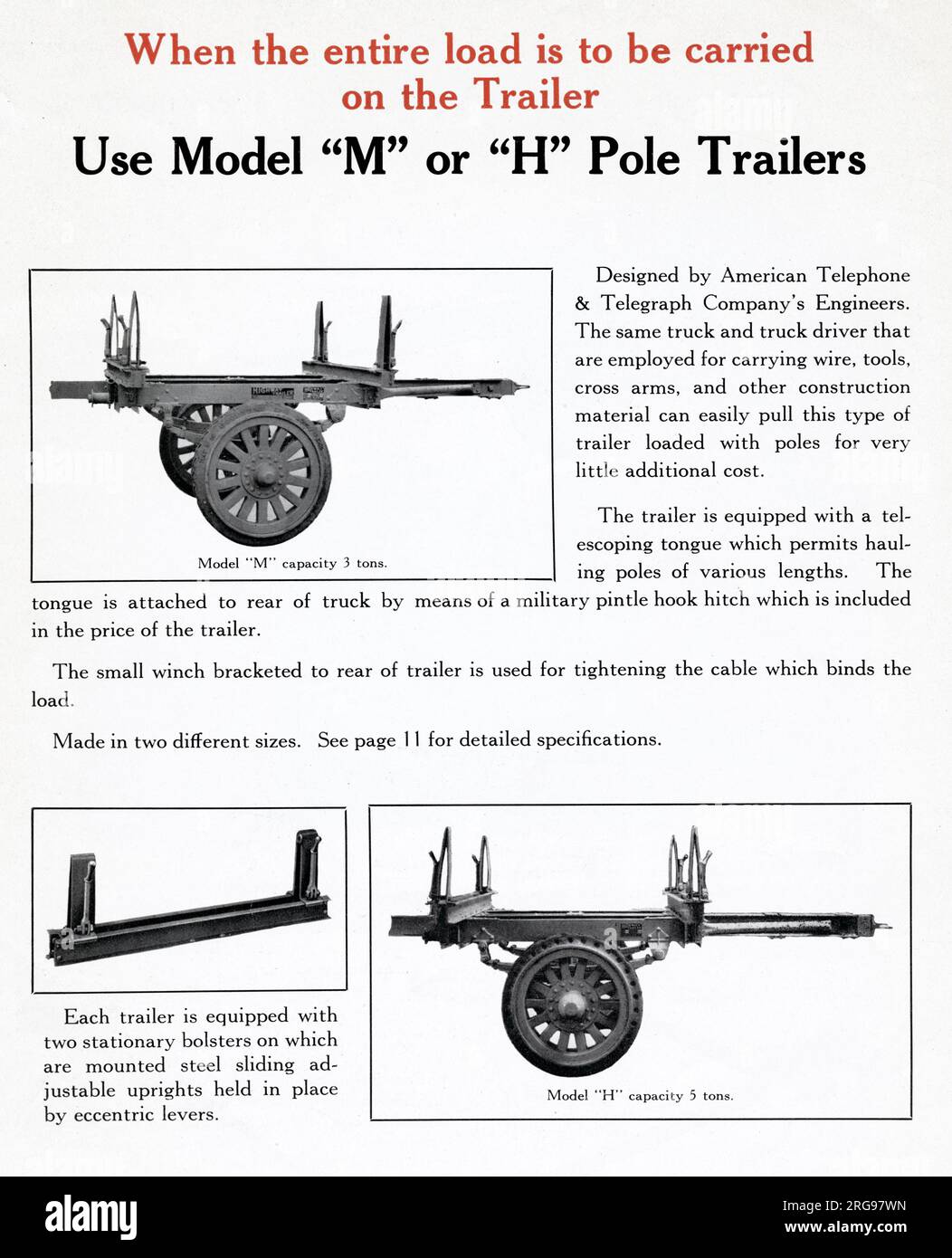 Model M or H Pole Trailers and accessories -- when the entire load is to be carried on the trailer. Designed by American Telephone & Telegraph Company's engineers. Stock Photo